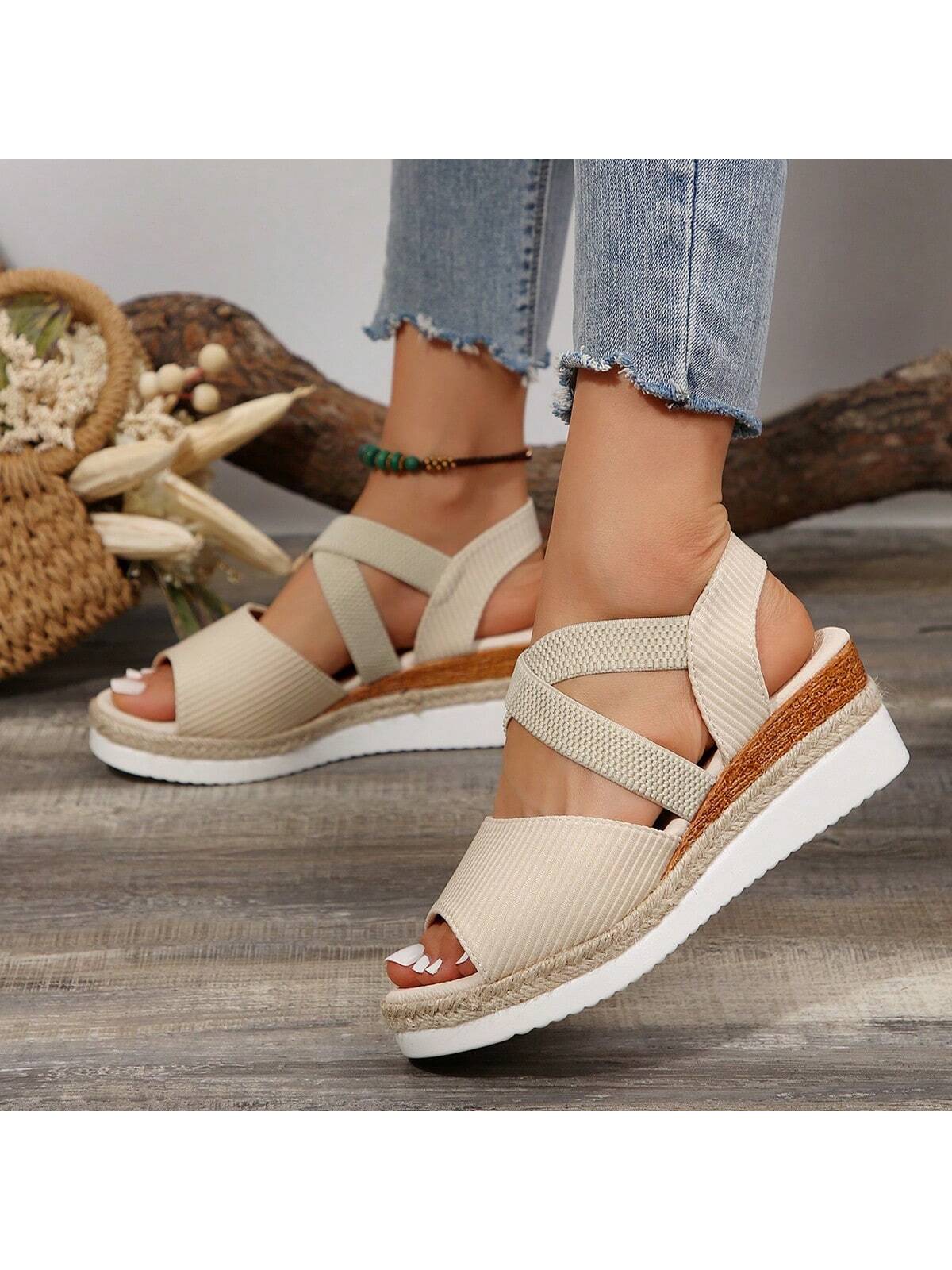 Summer New Style Women High Heels Increase The Height, Waterproof Platform, Thick Bottom, Elastic Band, Open Toe, Wedge Sandals