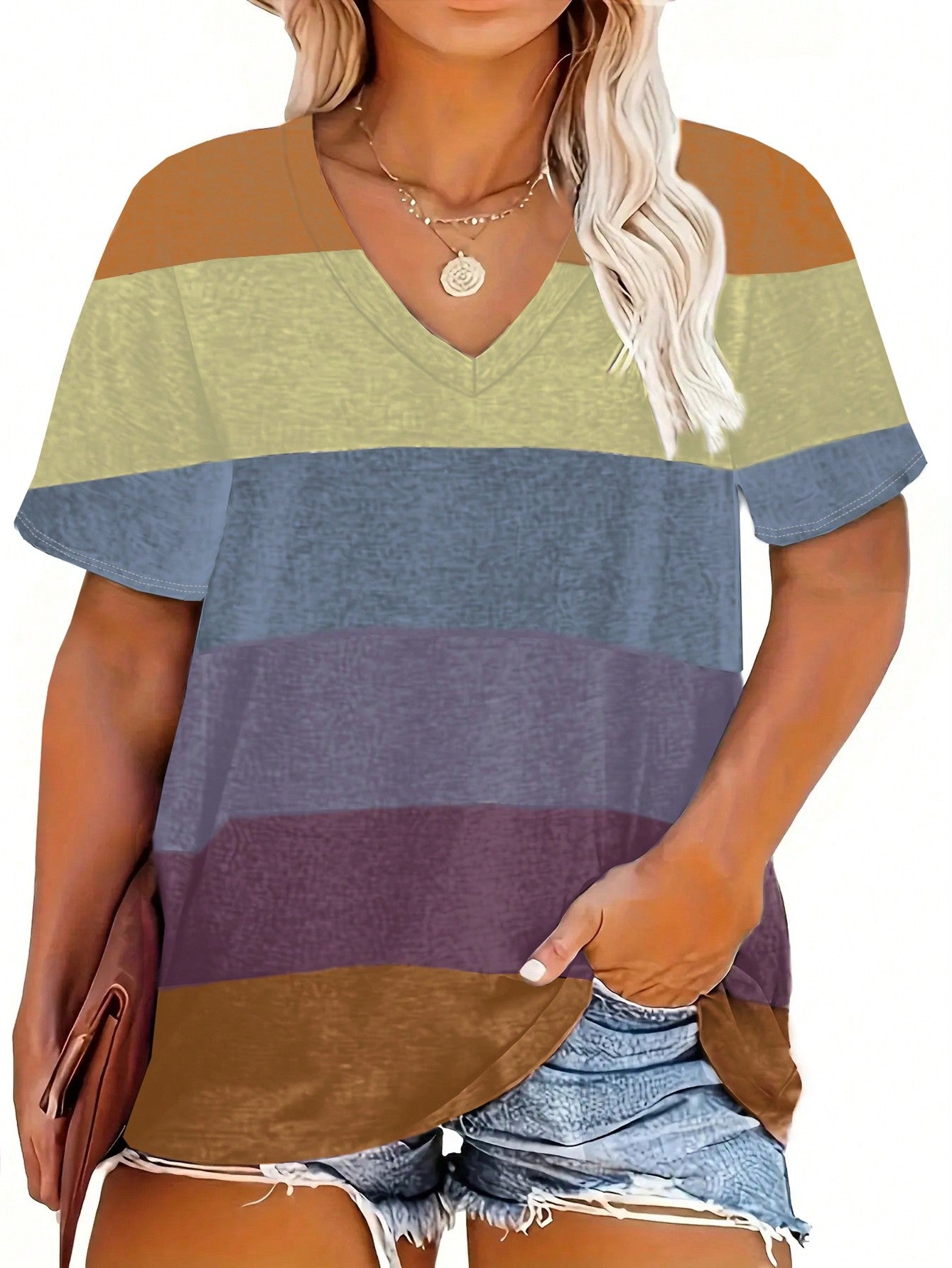 Women's Plus Size Striped V-Neck Casual T-Shirt