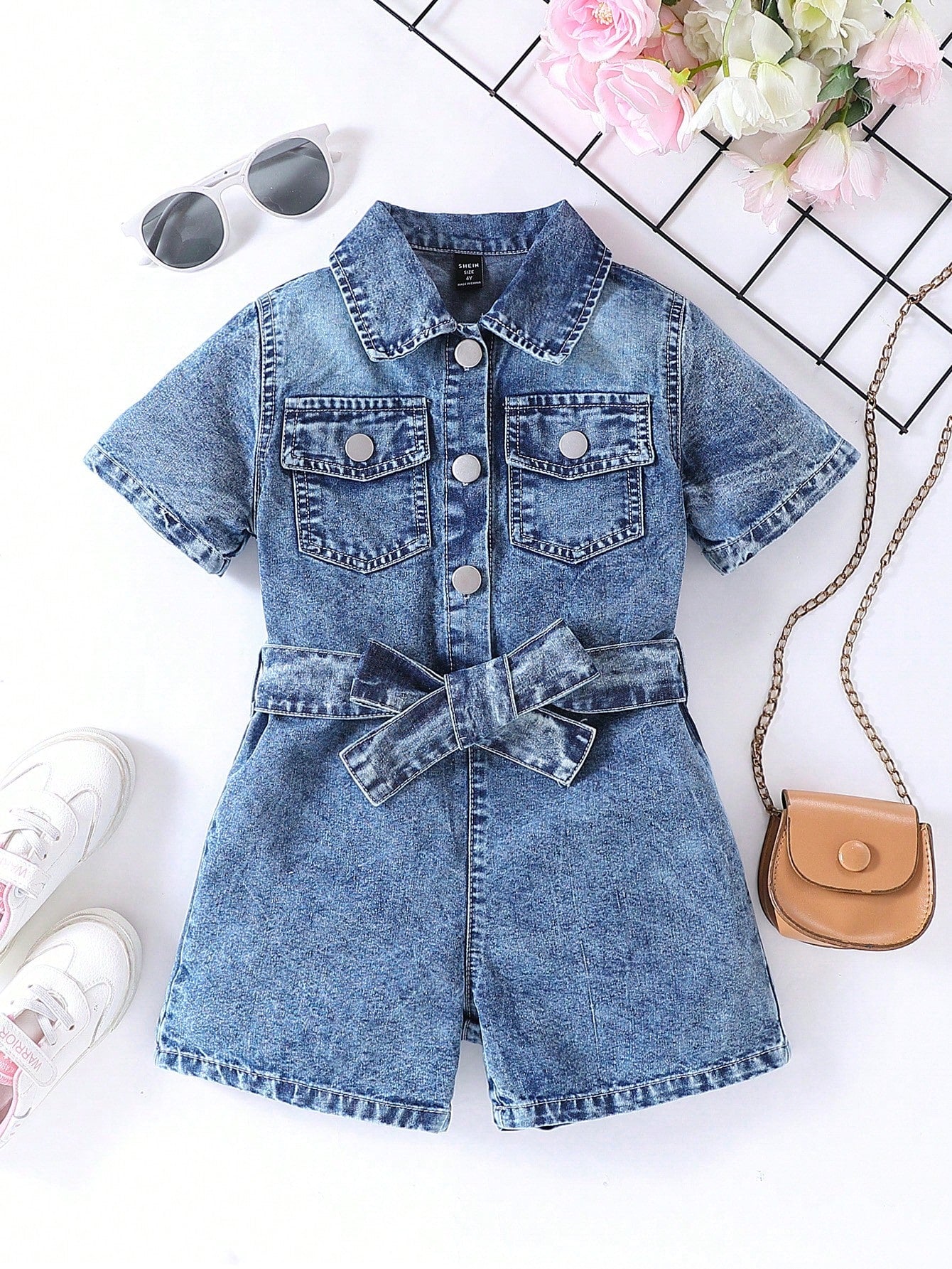 Kids Young Girls' Denim Romper With Shirt Collar And Short Sleeves