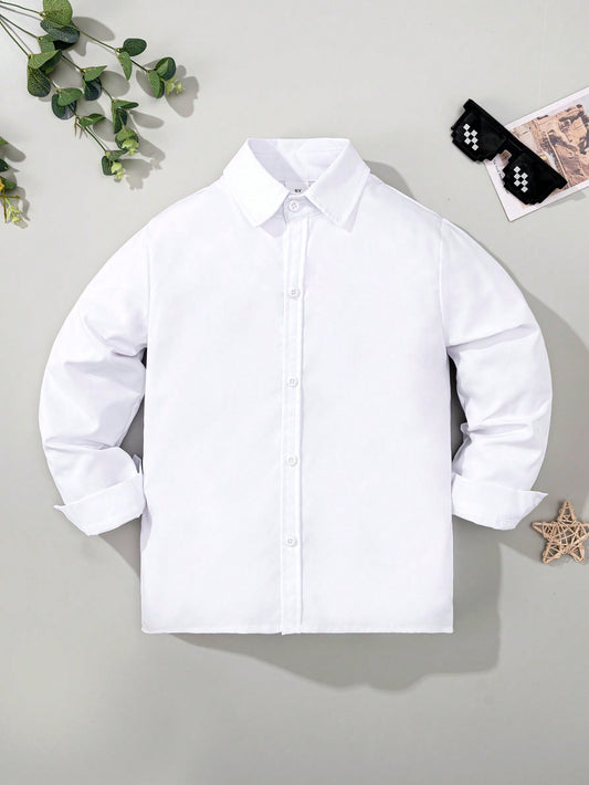 Tween Boy White Formal Dress Shirt, Classic Campus Style With Flower & Pocket Patch For Casual And Party, Long Sleeve