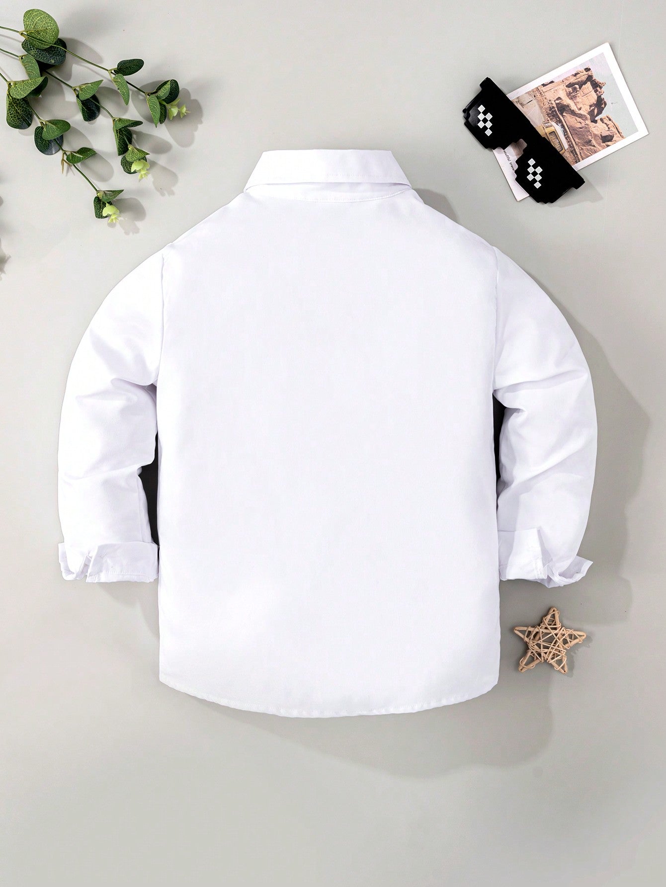 Tween Boy White Formal Dress Shirt, Classic Campus Style With Flower & Pocket Patch For Casual And Party, Long Sleeve