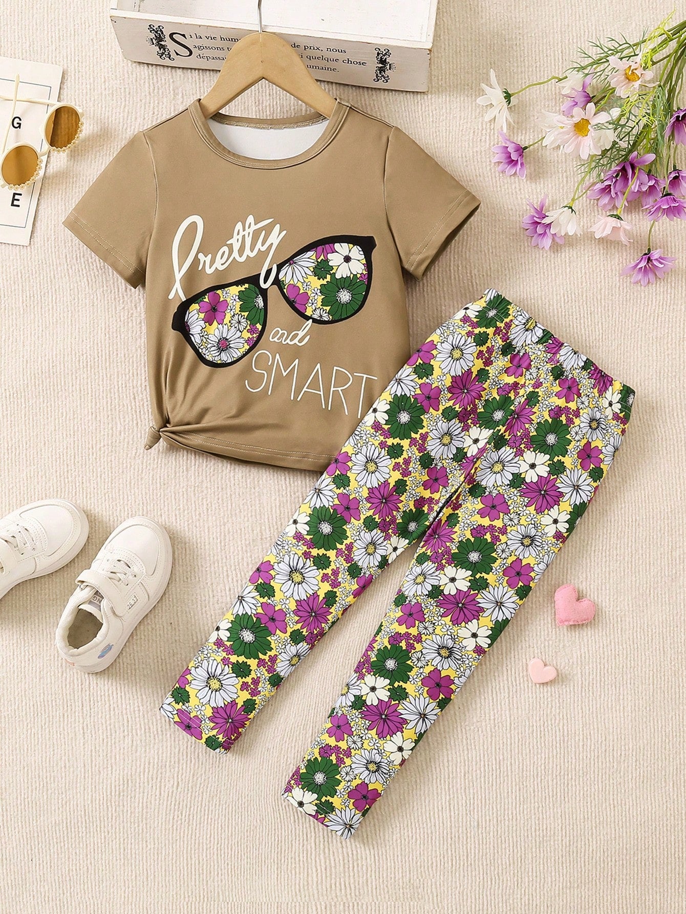 Young Girls' Summer Casual Flower & Letter Printed Short Sleeve T-Shirt And Long Pants Set