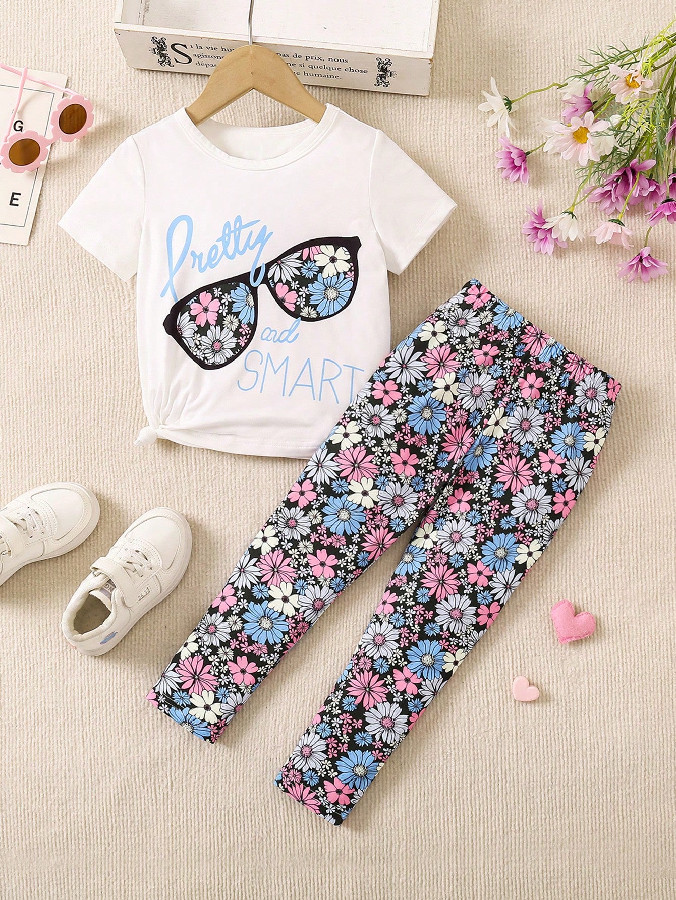 Young Girls' Summer Casual Flower & Letter Printed Short Sleeve T-Shirt And Long Pants Set