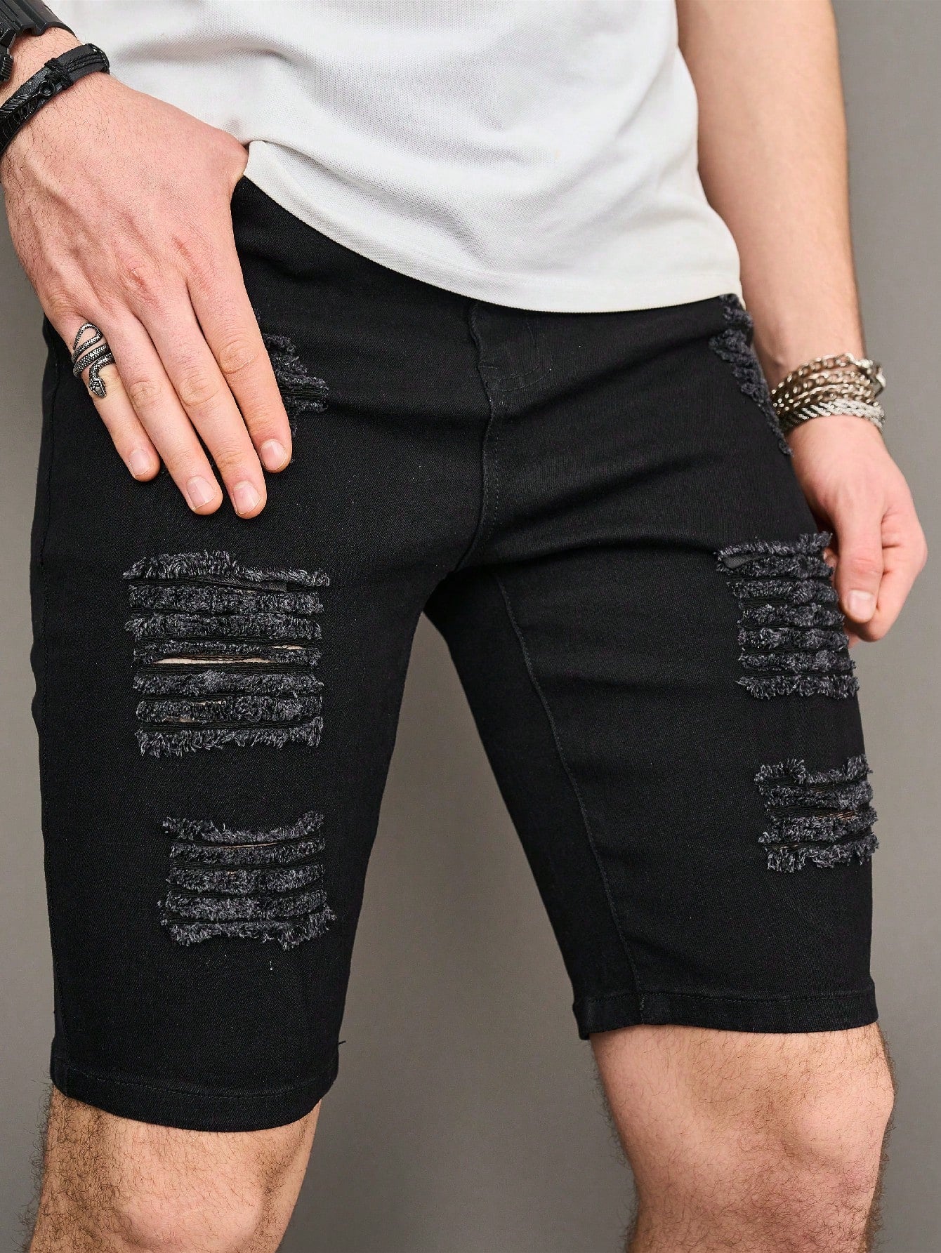 Big And Tall Men's Summer Solid Color Distressed Denim Shorts