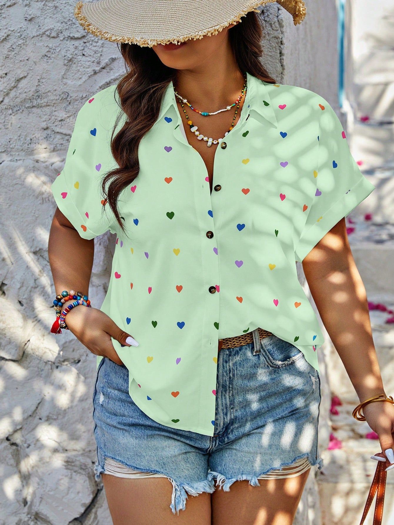 Plus Size Summer Casual Random Heart Print Button-Front Shirt