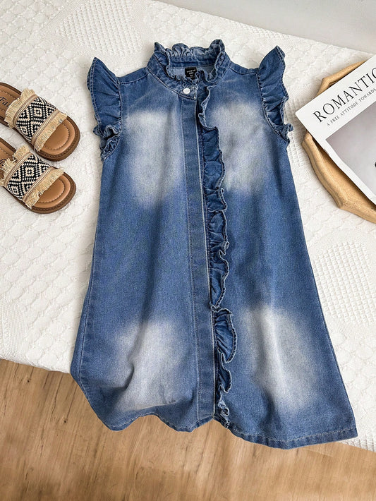 Young Girl Blue Denim Dress With Ruffle Trim