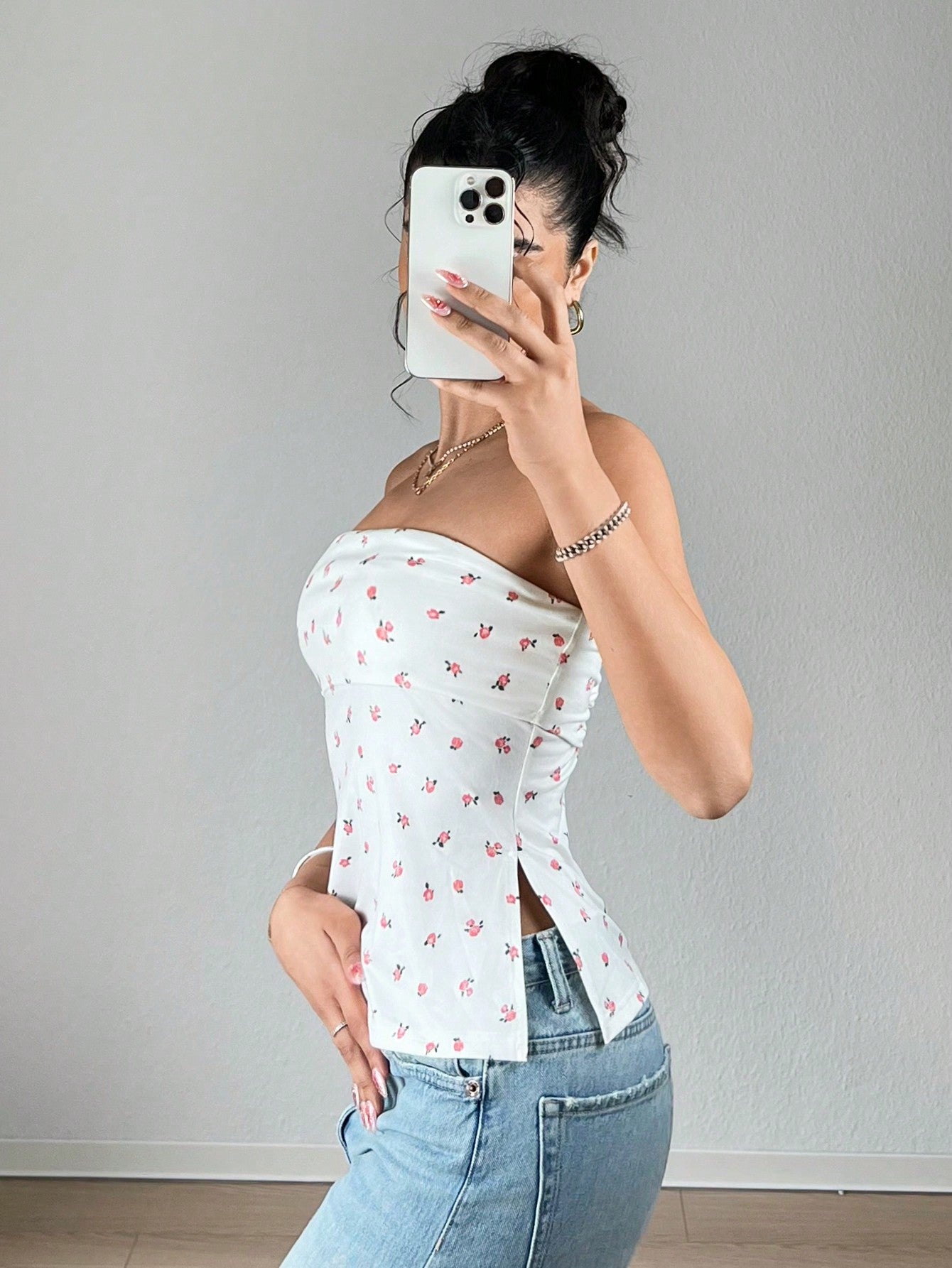 Summer Outfits Solid Split Hem Tube  White Top