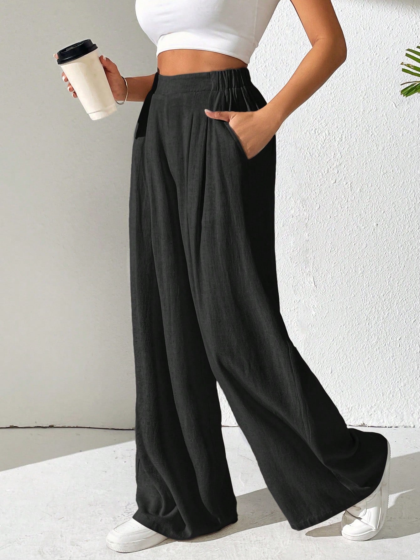 Frenchy Elastic Waist Pleated Wide Leg Linen Pants With Slant Pockets Earthy Clothes   Commute Minimalist Office Old Money  Simple