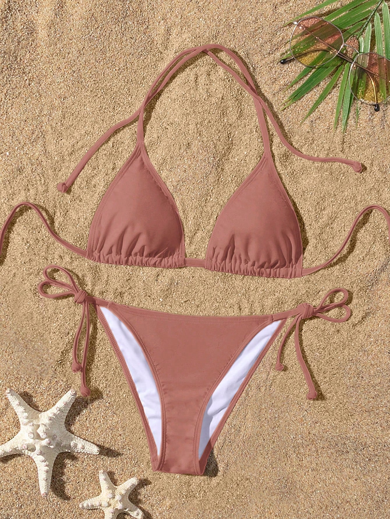 Swim Summer Beach Mono Bikini Set Halter Triangle Bra & Tie Side Bottom 2 Pieces Bikini