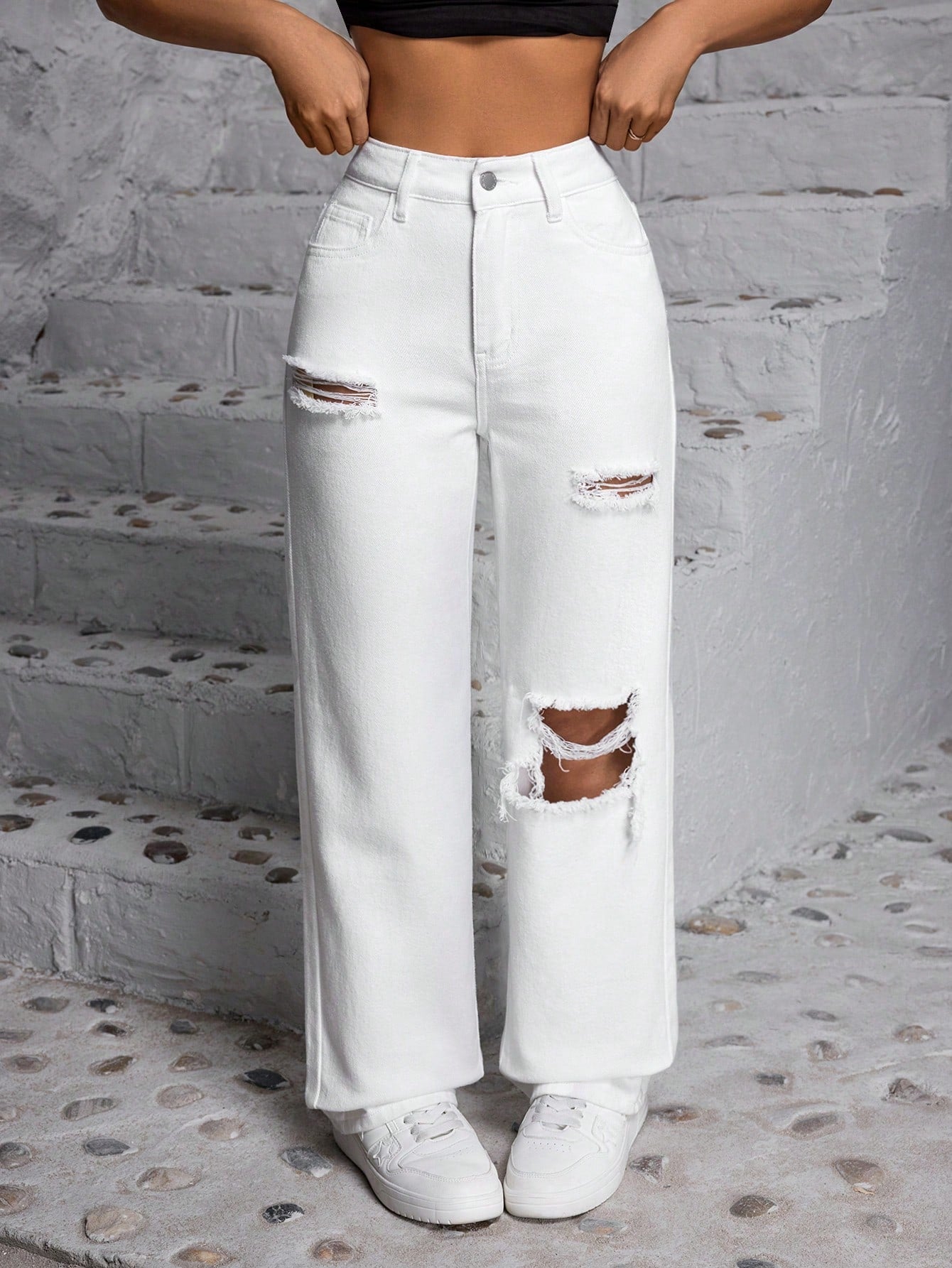 PETITE High Waist Cut Out Ripped Frayed Straight Leg Jeans