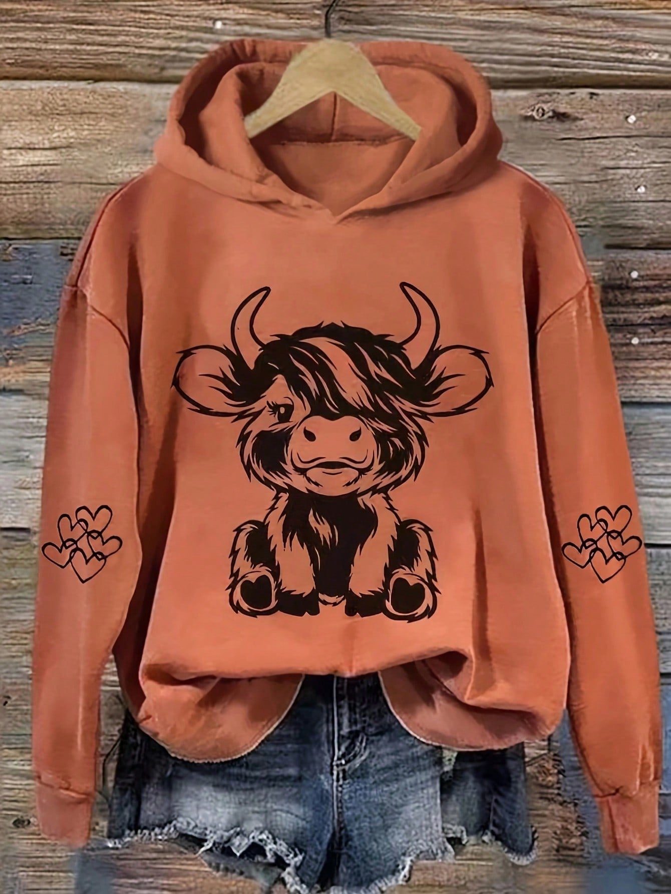 Women Spring And Autumn Cartoon Cow Print Drop Shoulder Long Sleeve Hooded Loose Casual Sweatshirt