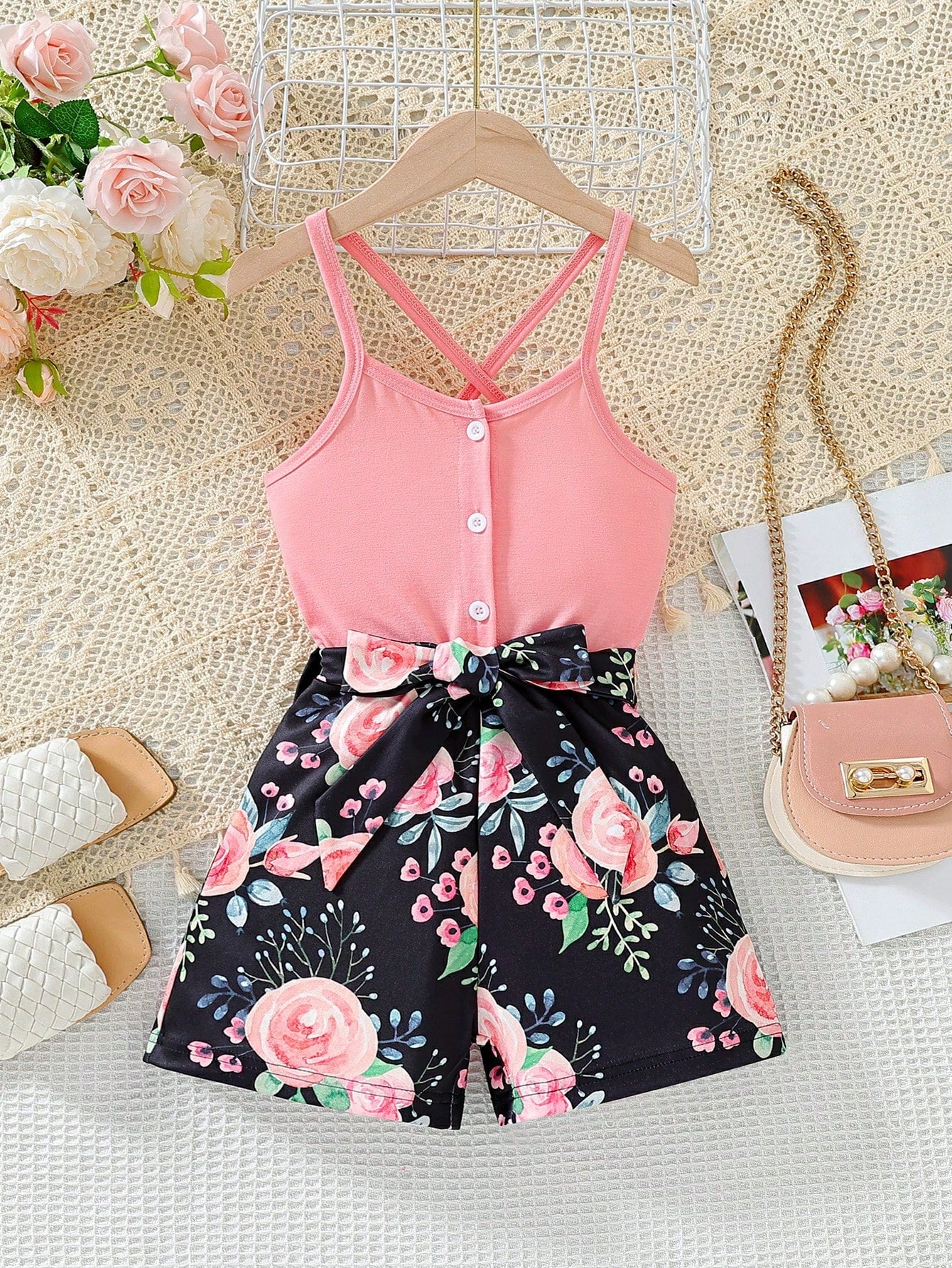 Young Girl Floral Print Criss Cross Belted Cami Romper