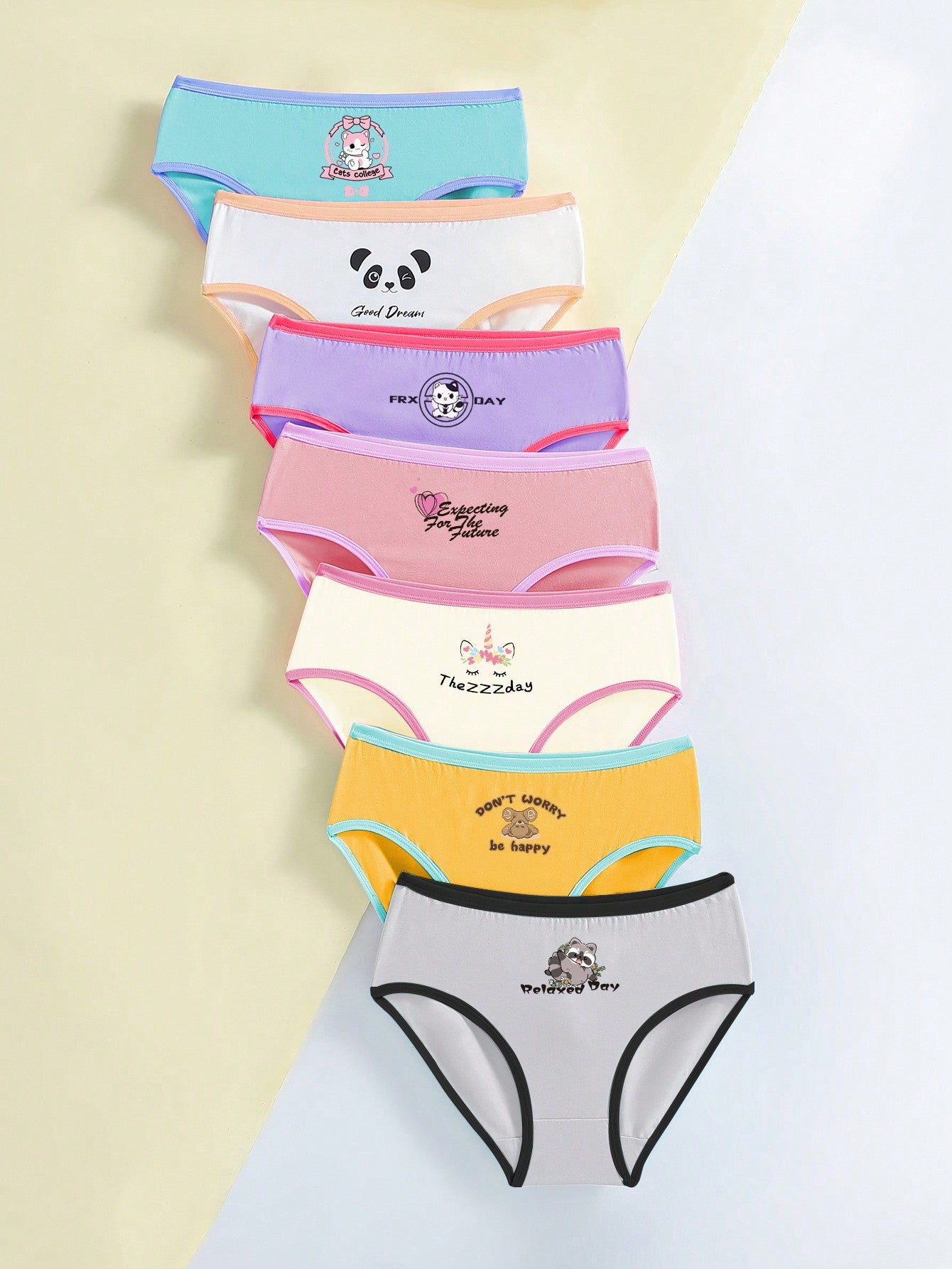 Young Girl 7pcs Cartoon Graphic Contrast Binding Brief