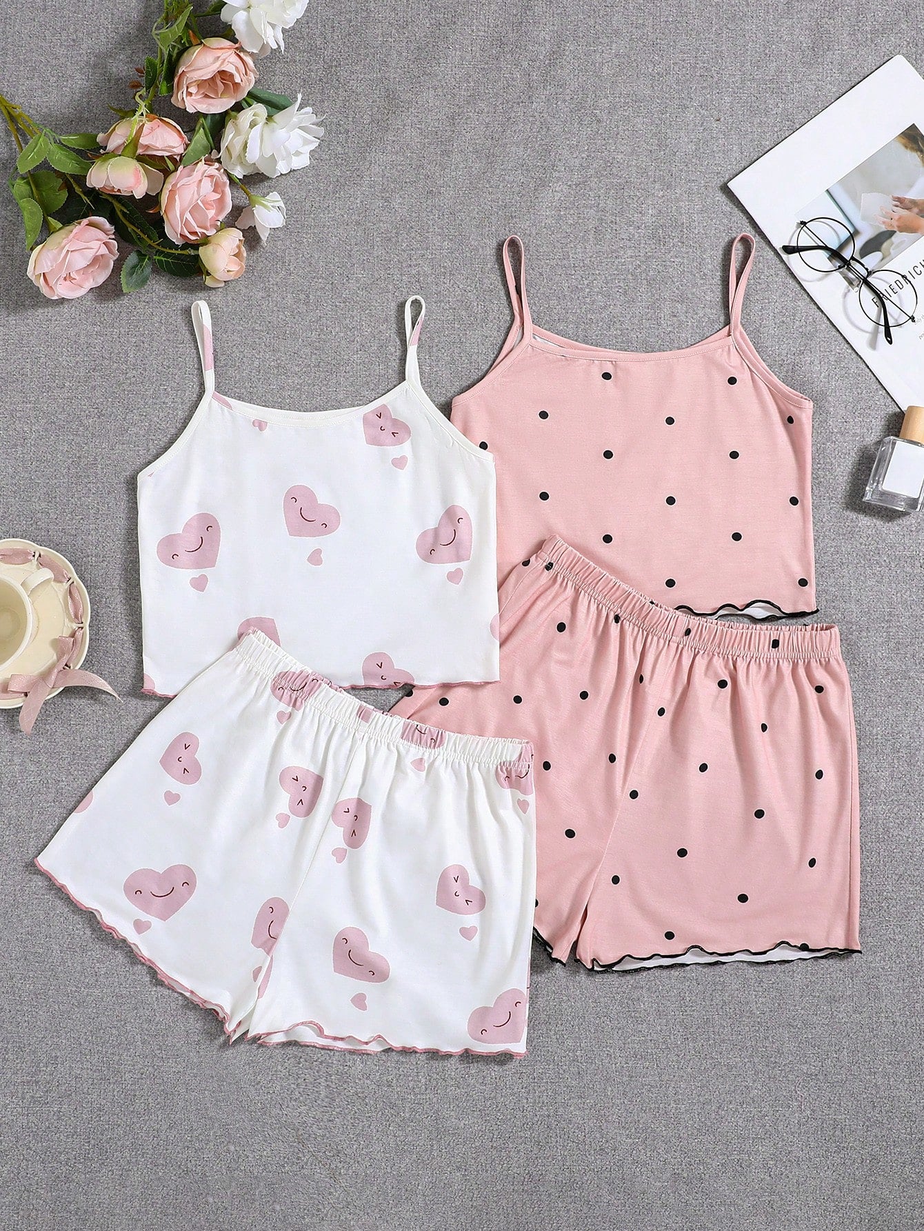 Tween Girl Summer Heart & Polka Dot Pattern Tank Top Shorts Set, Casual Loose Flame Retardant Homewear Pajamas (2pcs)