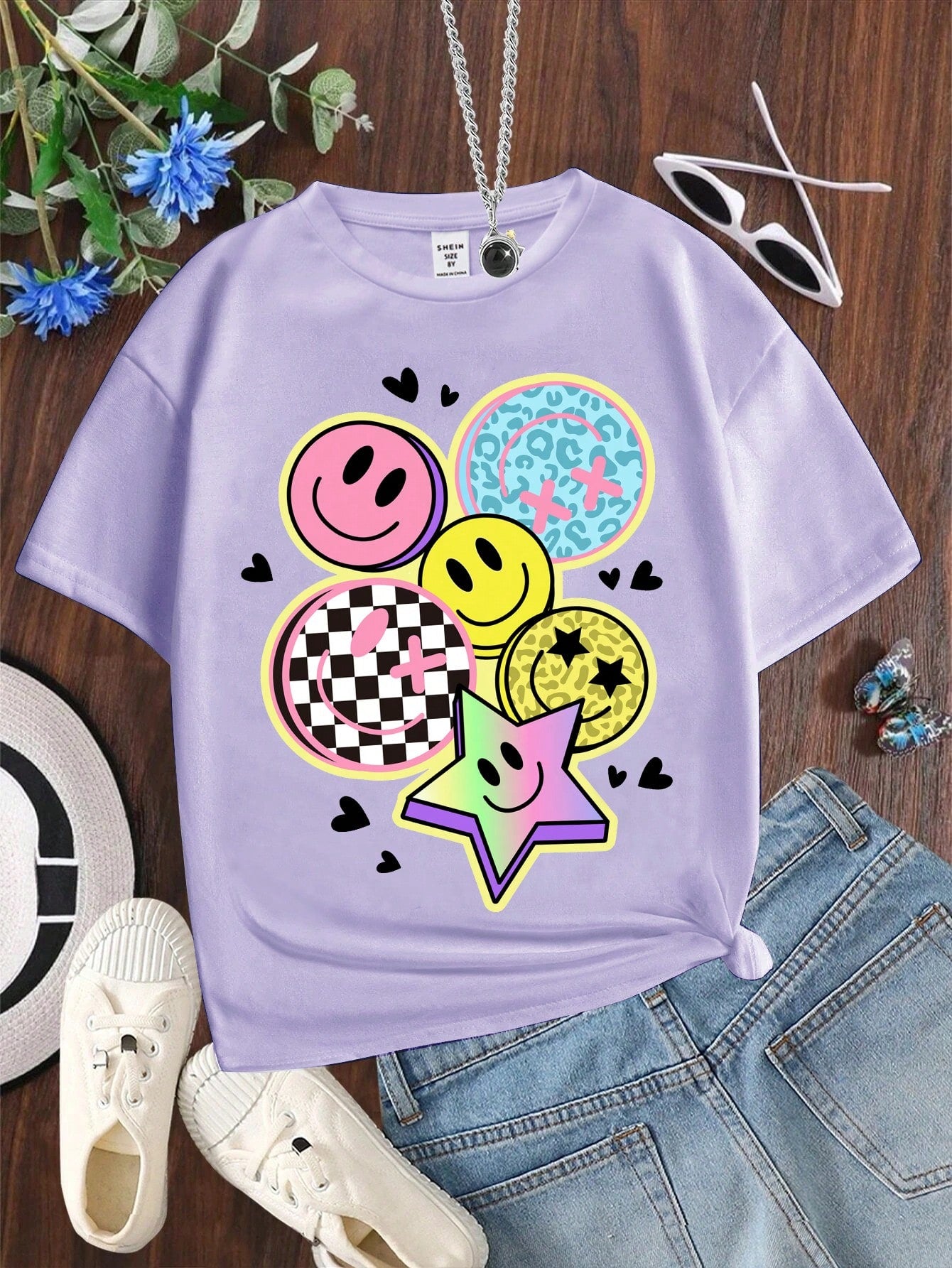 Tween Girl Summer Casual Simple Cartoon Smiling Face & Five-Pointed Star Pattern Pink Short Sleeve T-Shirt, Round Neck