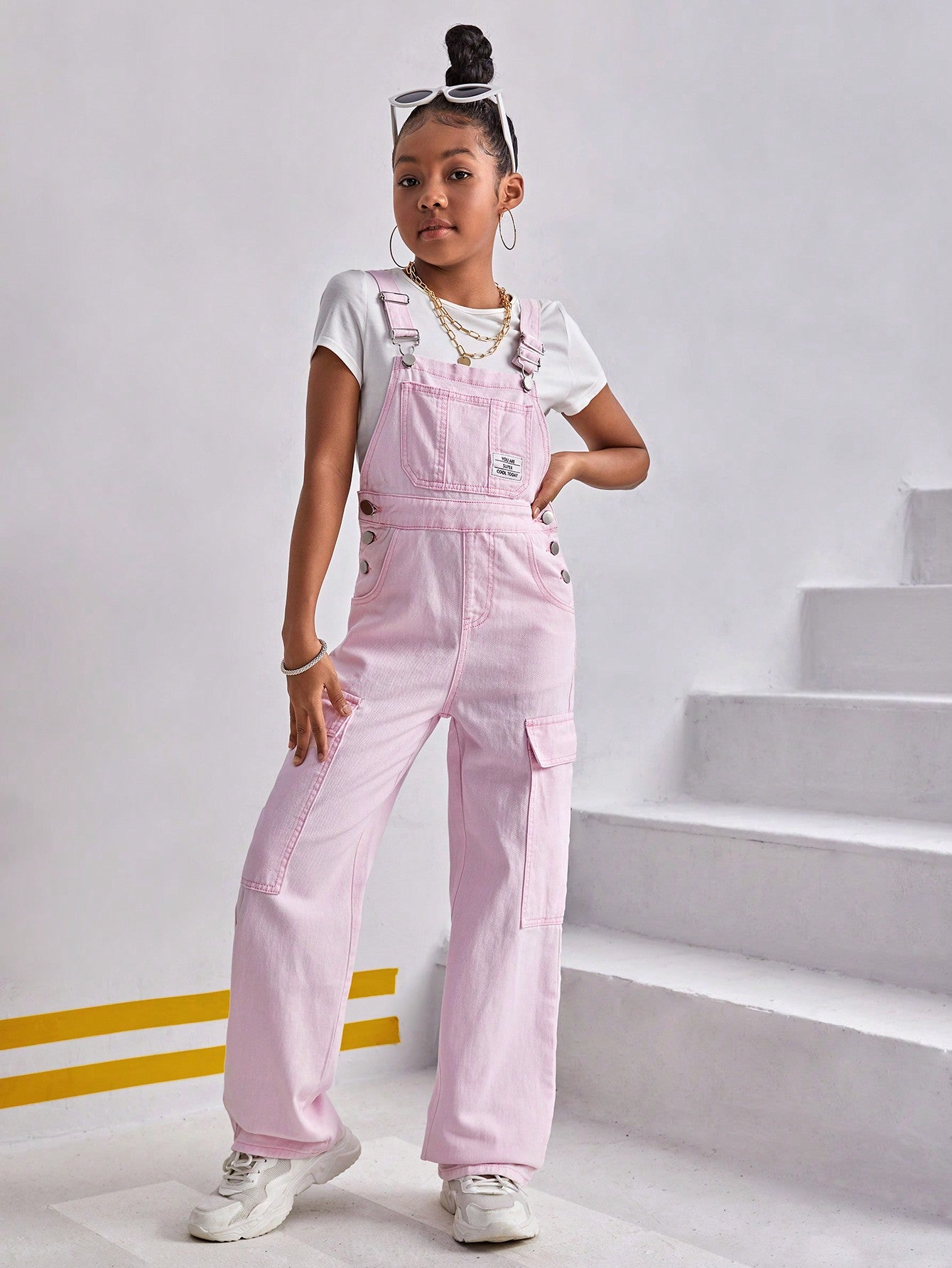 Streecool Kids Tween Girl Pink Street Style Cute Denim Overalls With Pockets