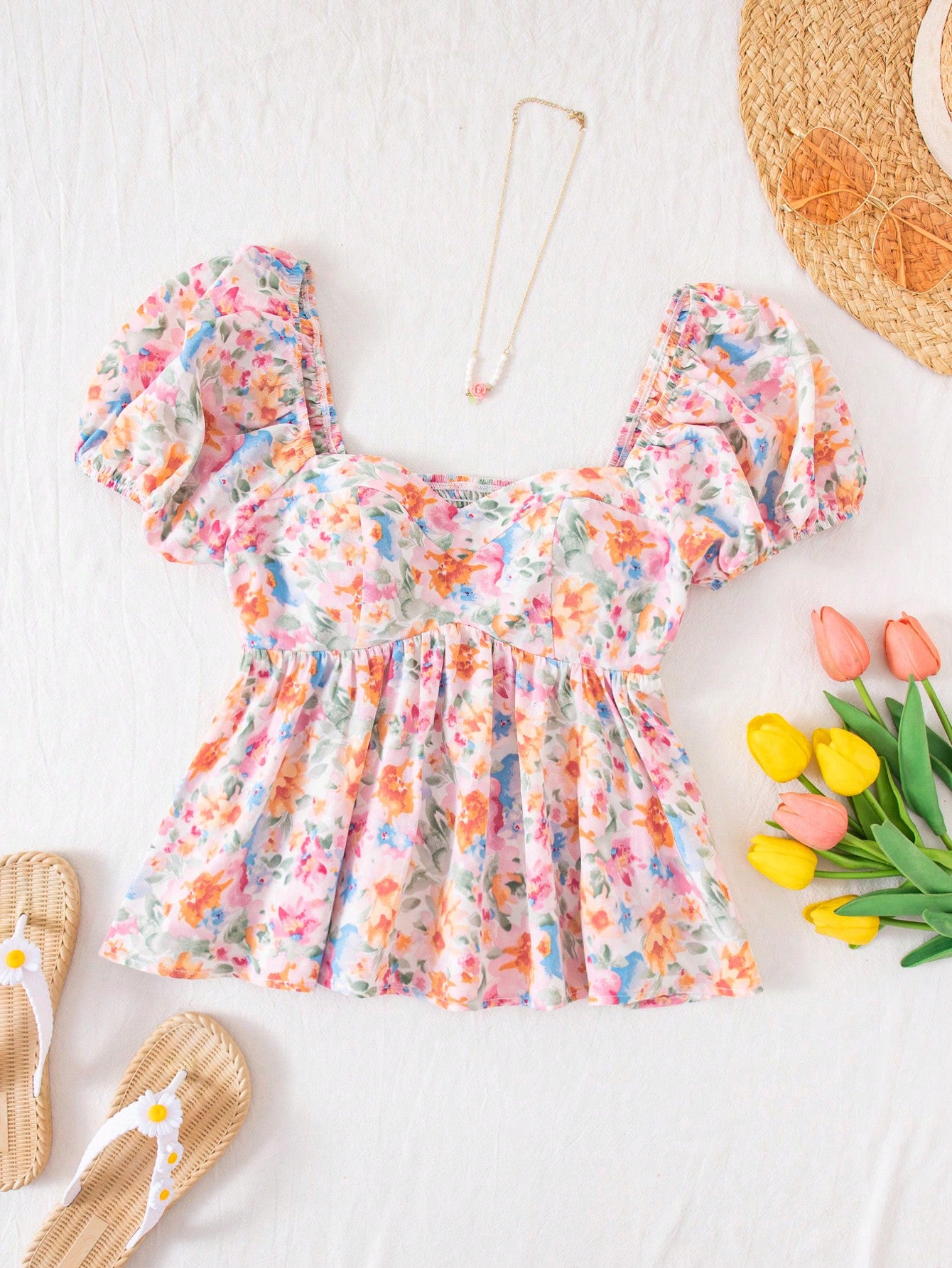 Allover Floral Print Sweetheart Neck Puff Sleeve Peplum Spring Blouse