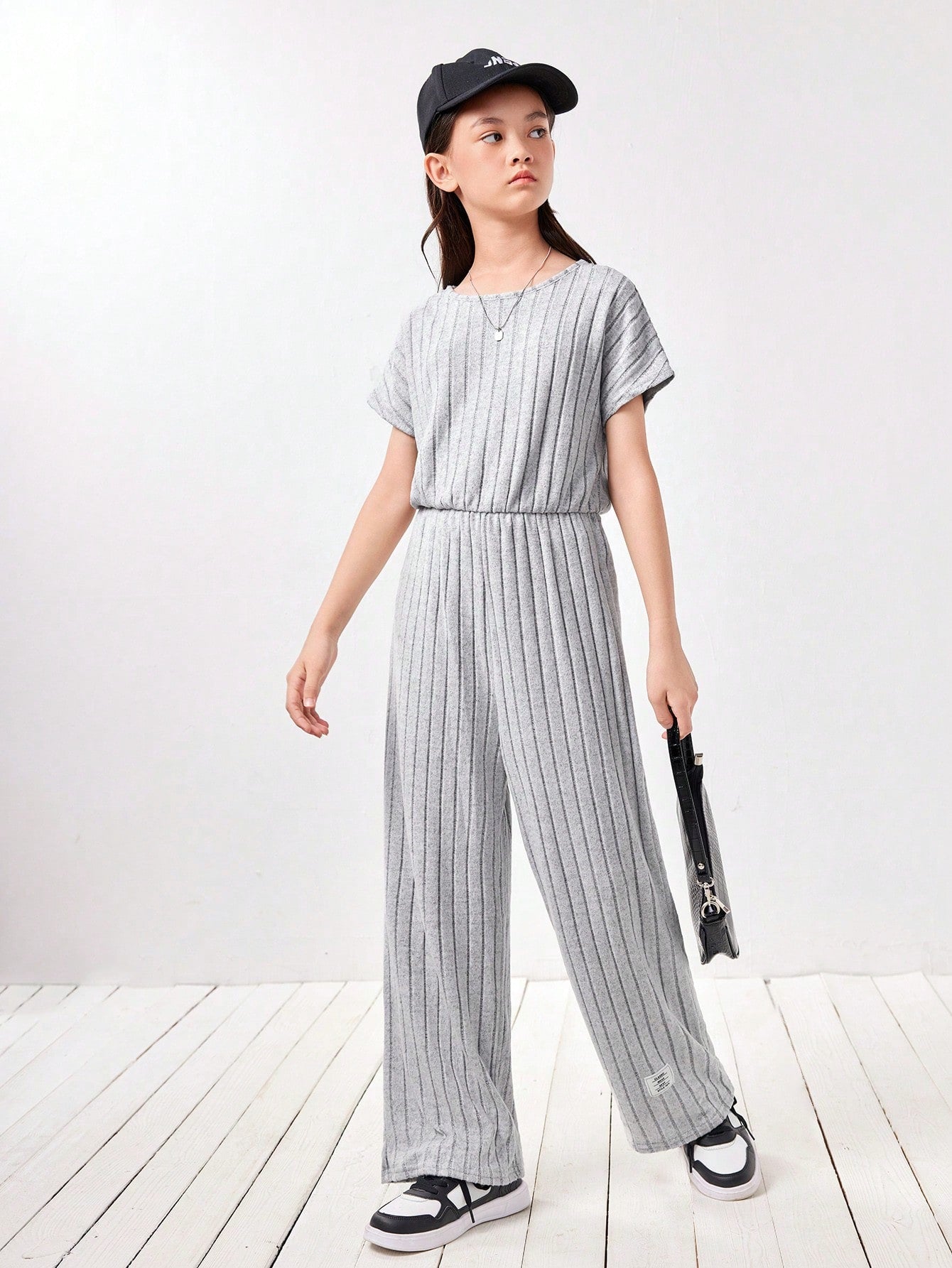 Tween Girl Letter Patched Detail Rib-Knit Jumpsuit