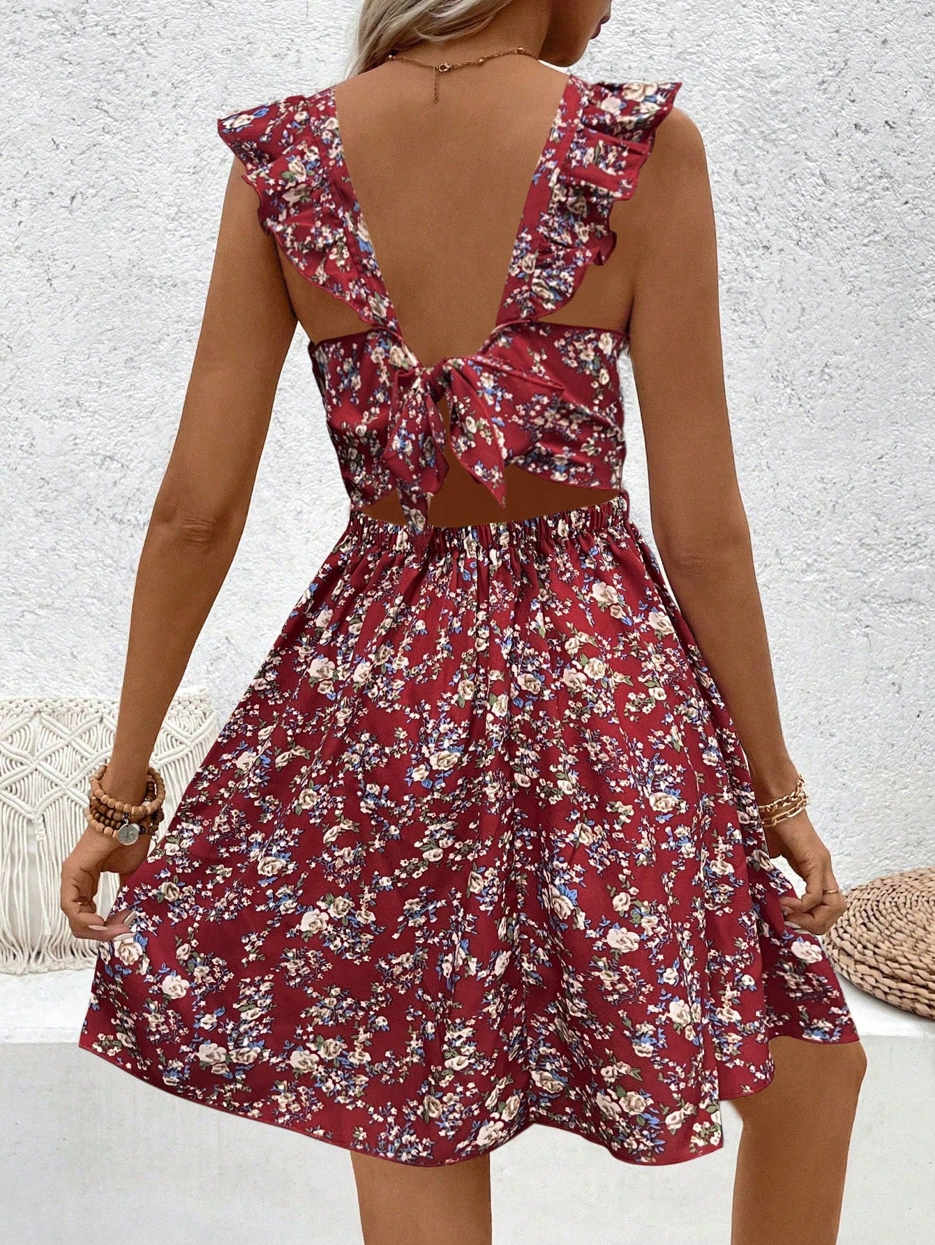 Floral Printed Hollow Out Hem Ruffle Trim Decorated Dress