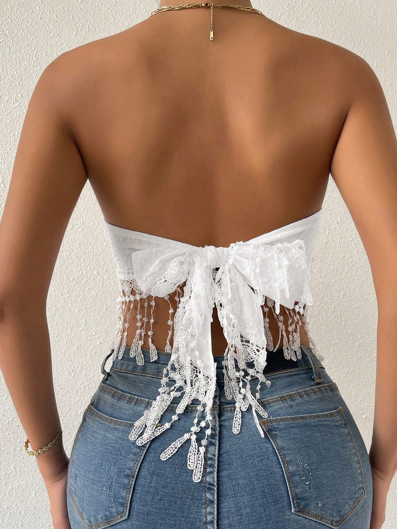 Jacquard Guipure Lace Fringe Hem Tie Back Crop Tube Top