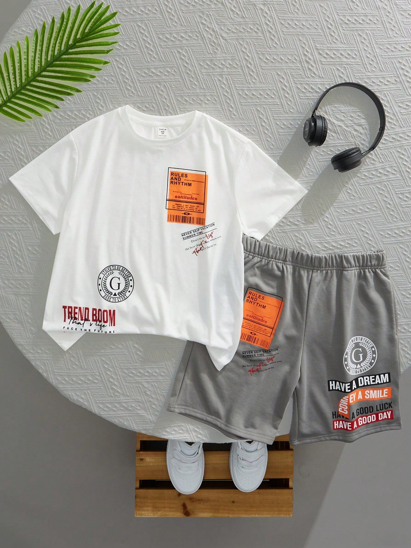 Tween Boys' Extended Size Casual Streetwear Letter Print Round Neck Pullover Short Sleeve T-Shirt And Knit Shorts Set