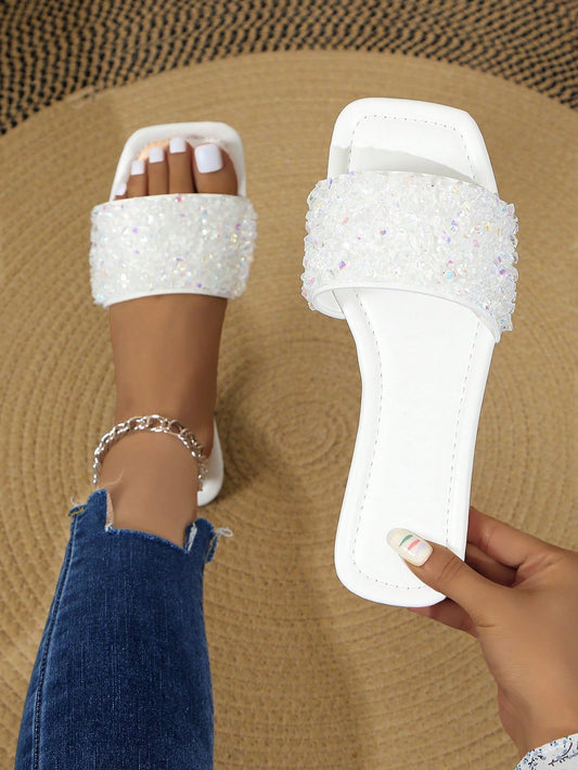 2024 New Summer Sequin Square Toe Slipper For Women, Soft And Comfortable Flat Bottom, Versatile Outdoor Style Sandal