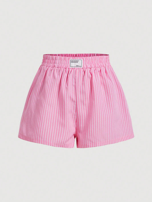 Women's Blue & White Striped Elastic Waistband Shorts With Letter Patch Decoration