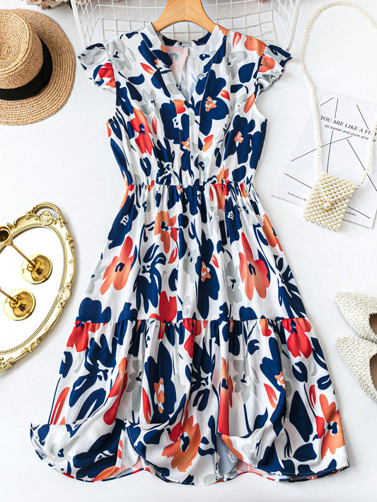 Plus Size Women's Summer Fashion Cap Sleeve Random Printed Dress