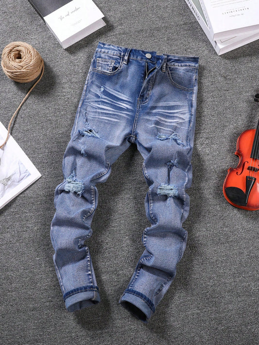 Teen Boy Casual Fashionable Cut Out Ripped Frayed Three-Dimensional Wash Water Texture Design Long Comfortable And Tight Denim Dailywear And Vacation For Summer