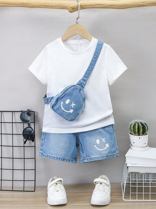 Young Boy 2pcs Casual Fashionable Mix And Match Cool  Printed Denim Shoulder Bag And Baggy Denim Boys Shorts For Vacation And Dailywear Cute Summer Clothes For School