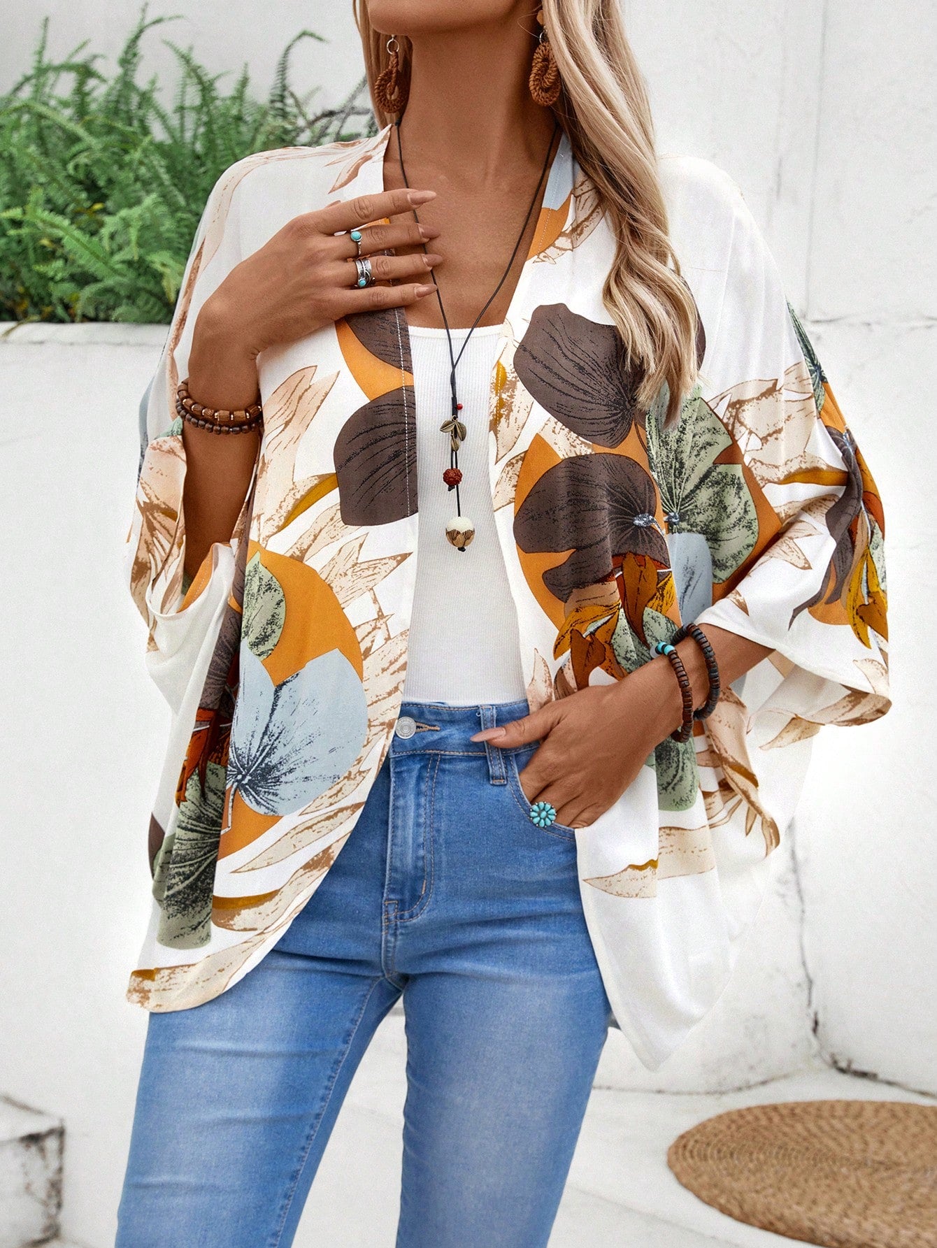 Women's Summer Holiday Casual Solid Color Sunflower Printed Kimono Cover Up