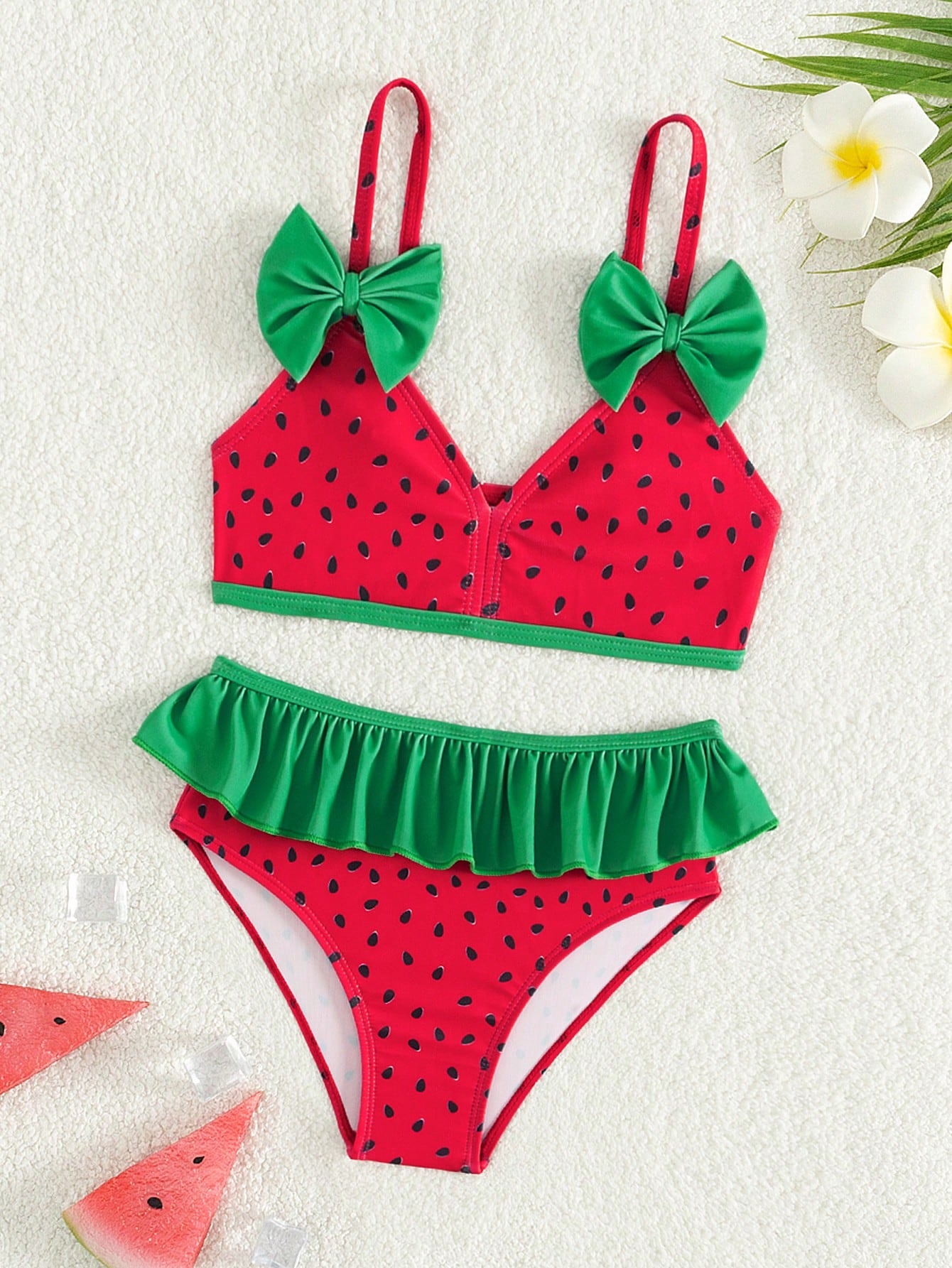 Young Girls' Summer Beach Watermelon Themed Printed Bikini Set With Ruffled Hem, Bow Decorated Straps