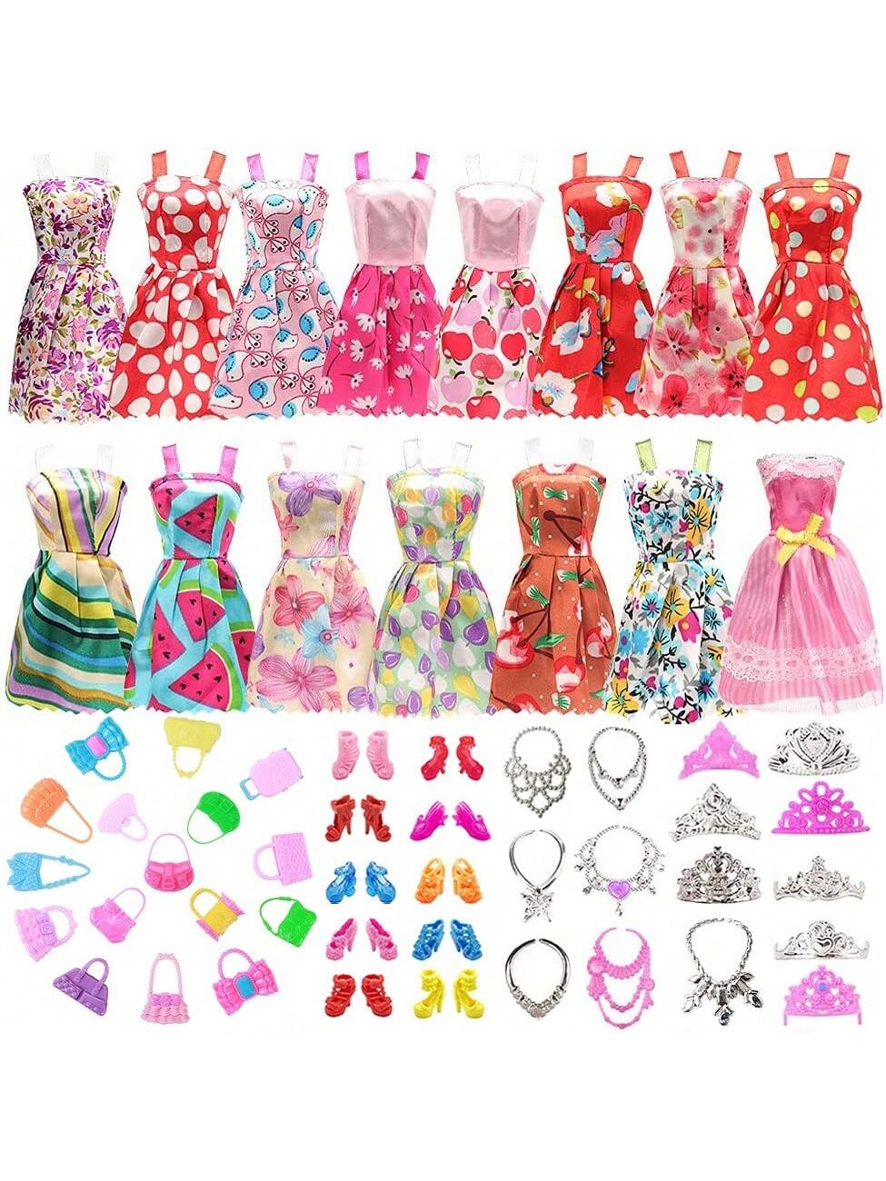 38pcs Doll Clothes & Accessories Set (10pcs Random Fashion Dresses + 10pcs Random Shoes + 6pcs Necklaces + 6pcs Crowns + 6pcs Random Bags), For 11-Inch Dolls