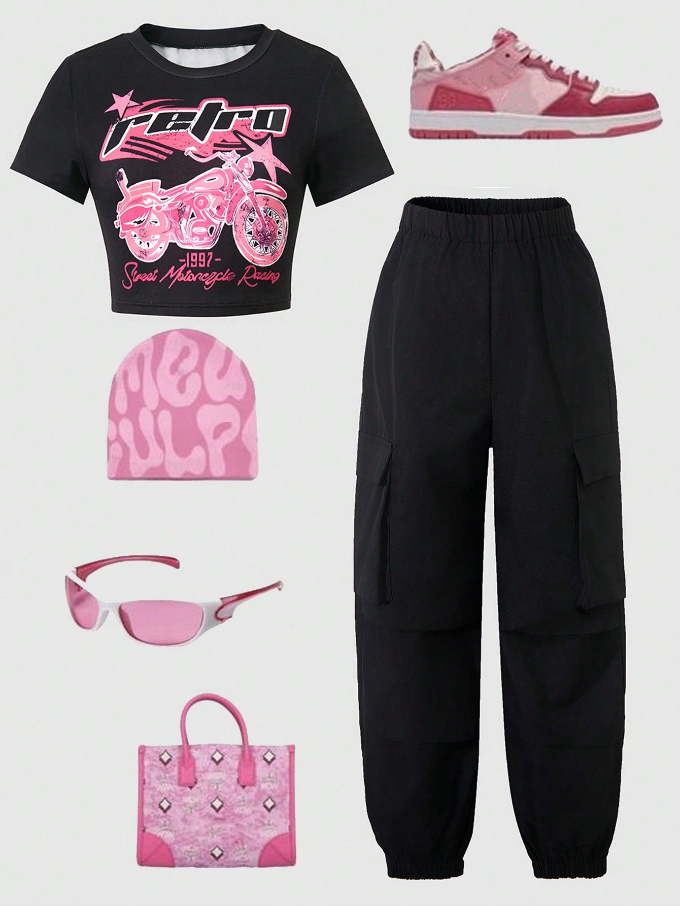 Tween Girl Spring/Summer Casual Motorcycle Letter Print Short Sleeve Top And Solid Color Cargo Pants Set