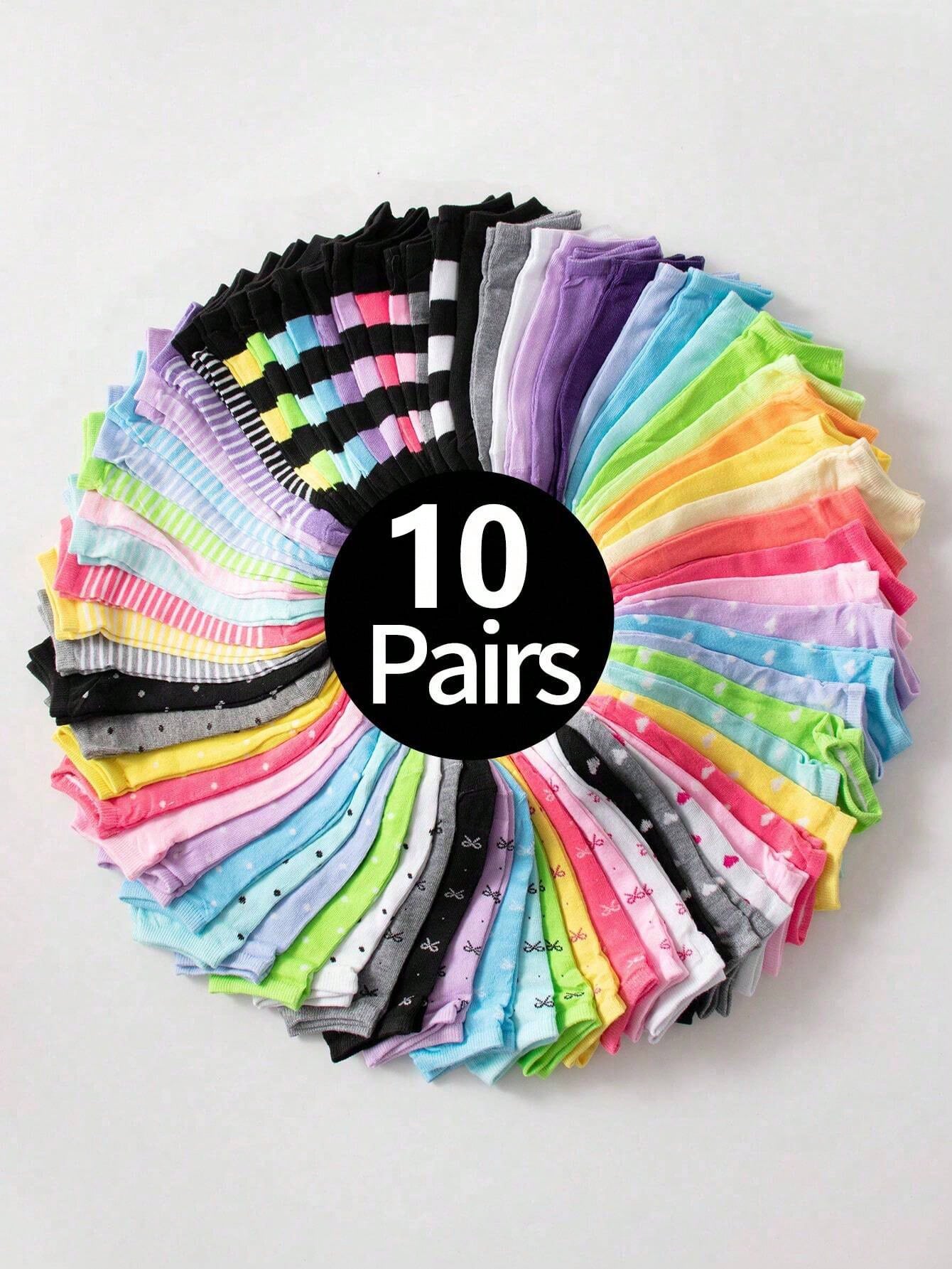 10pairs Children's Short Socks: Candy-Colored, Lace Bowknot, Heart Pattern, Striped, Soft, Comfortable, Casual, All-Match, Student Ankle Socks - Suitable For Daily Use, Random Mixed Colours