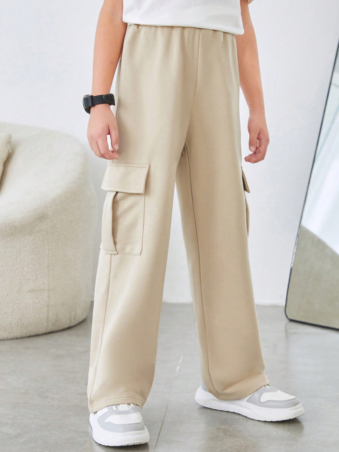 Tween Boy Casual Korean-Style Workwear Baggy Straight-Fit Knitted Pants With Pockets