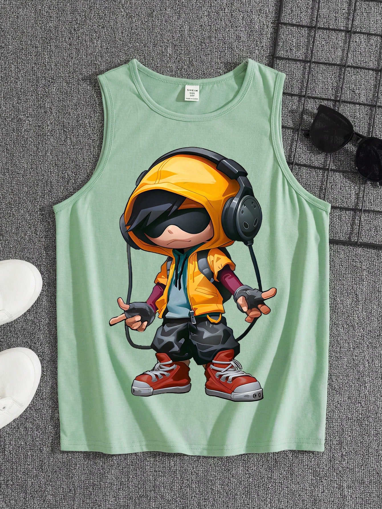 Tween Boy Casual Cartoon Music Pattern Round Neck Sleeveless Tee, Suitable For Summer