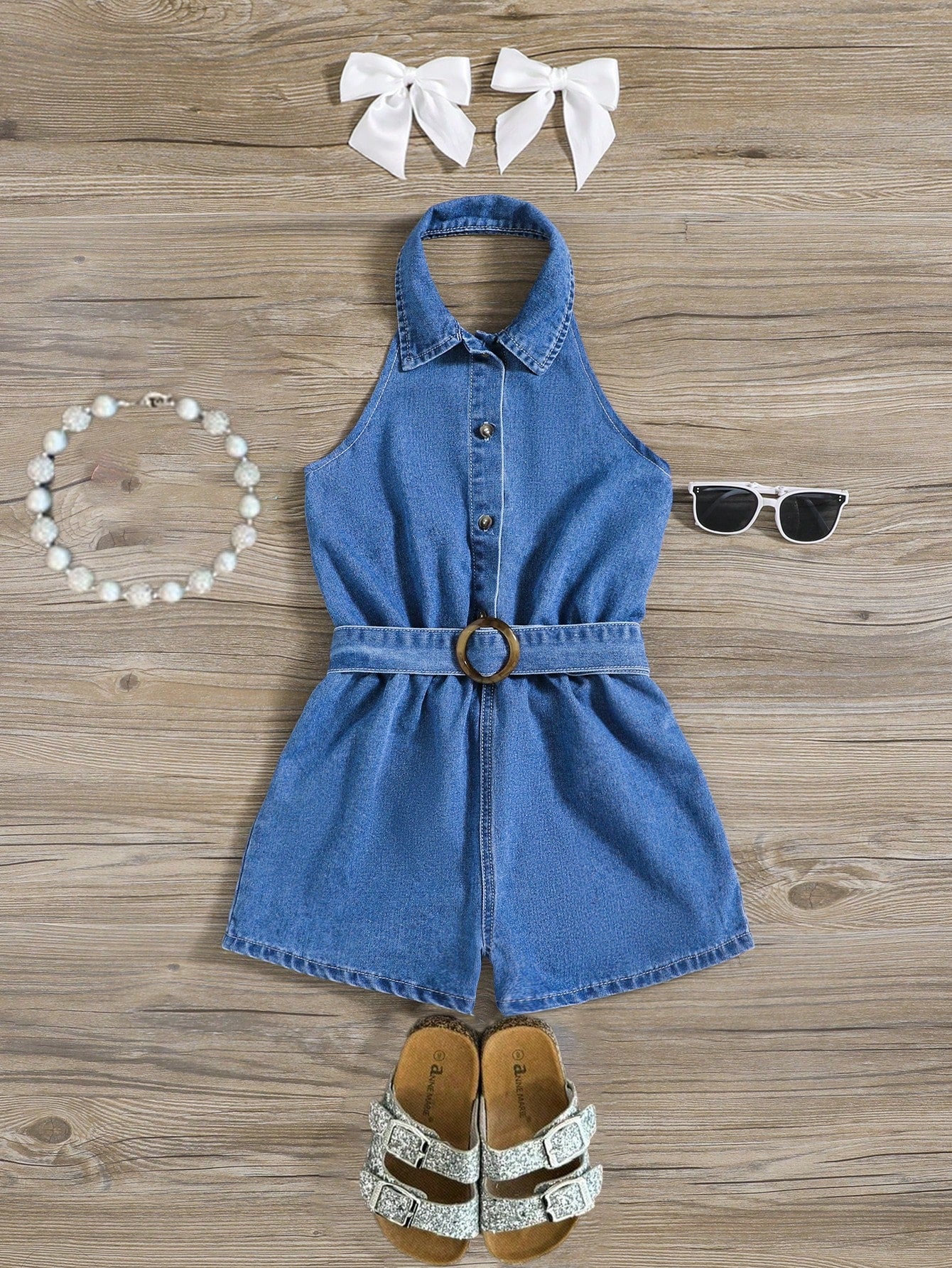 Tween Girl Summer Vacation Half Button Belted Halter Denim Jumpsuit Romper