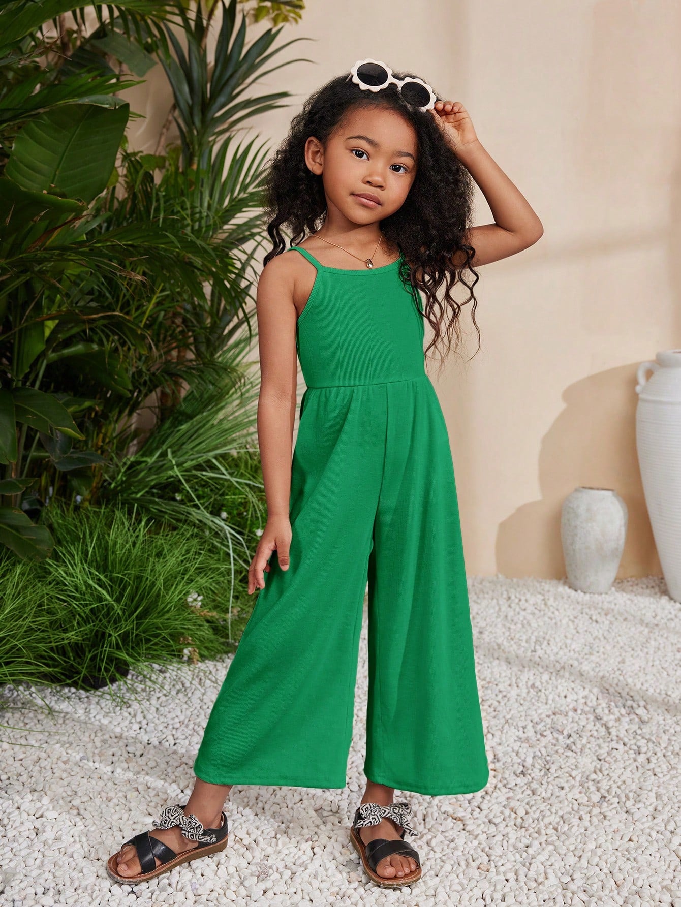 Young Girl Spring/Summer Knit Solid Color Spaghetti Strap Jumpsuit For Holiday & Leisure