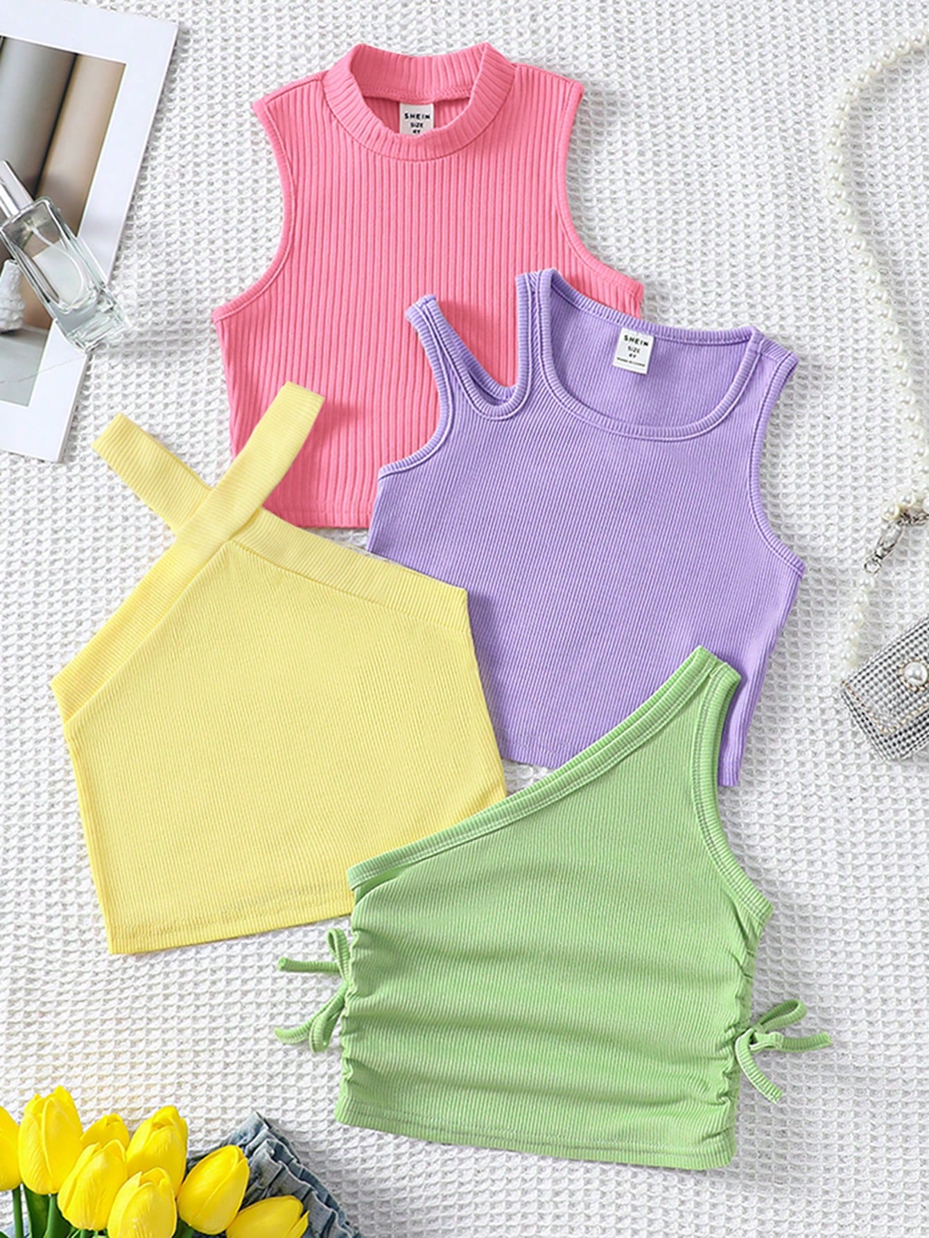 Young Girl Knitted Solid Cropped Casual Tank Top 4pcs Set