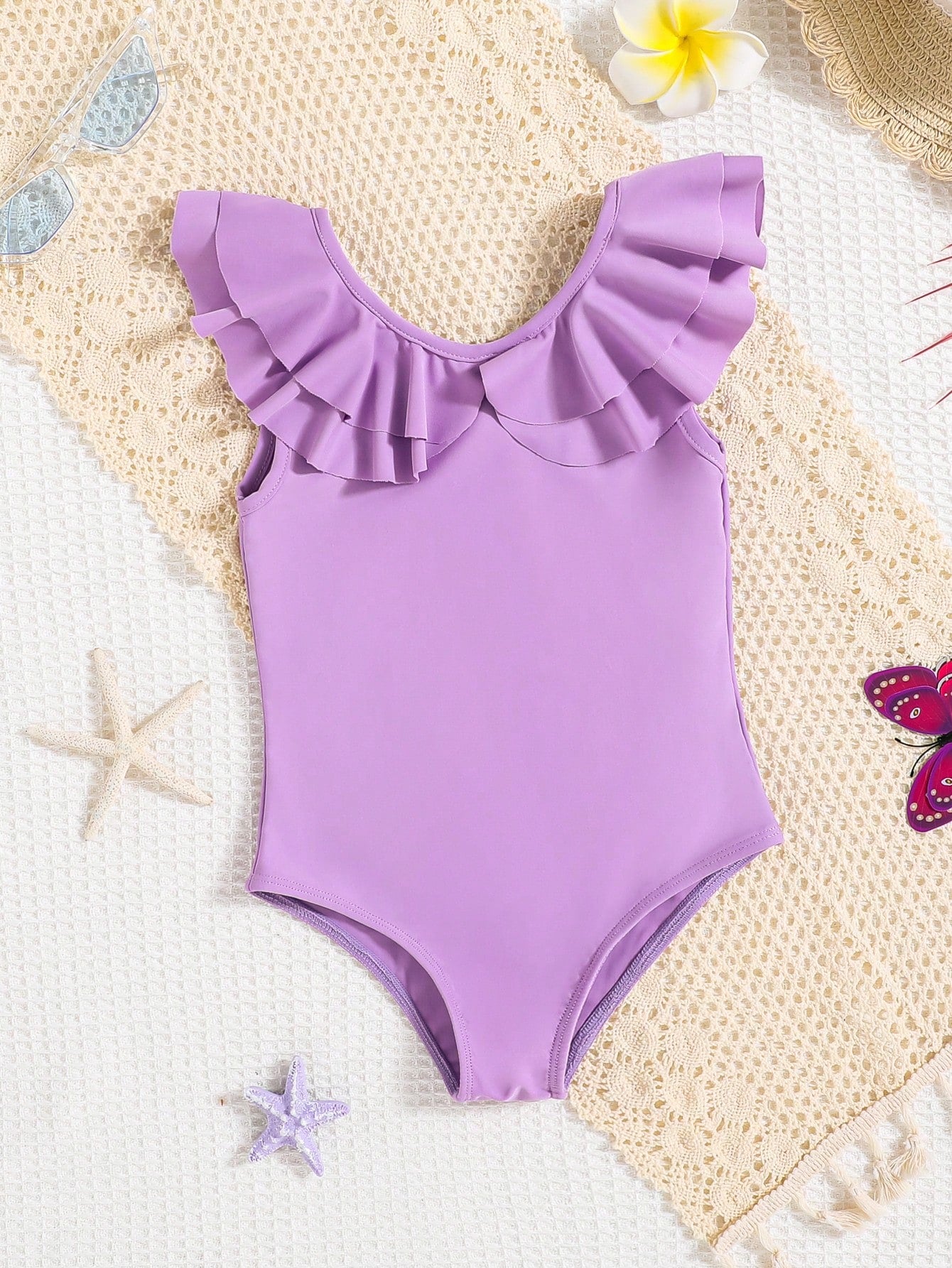 Young Girl Casual Knitted Solid Color One Piece Swimsuit With V-Neck Design