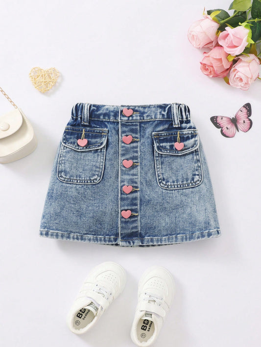 Young Girl Light Wash Blue Buttoned Cute & Versatile Denim Mini Skirt