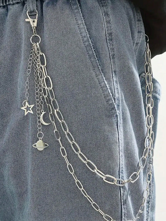 Metal Chain Waist Belt/Pant Chain With Star, Moon & Planet Charms, Punk Style Multi-Layered Trousers Chain