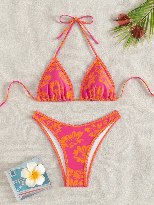 Women's Floral Print Halter Neck Tie Two-Piece Bikini Set, Summer Beach Swimwear