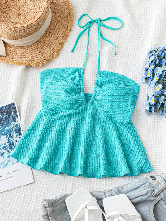 Women's Vacation Summer Casual Beach Peacock Blue Knitted Jacquard Chest Cup Ruched Halter Neck Open Back Tied Bow Hem Contrast Panel Comfortable Top, Ideal For Summer Graduation Season