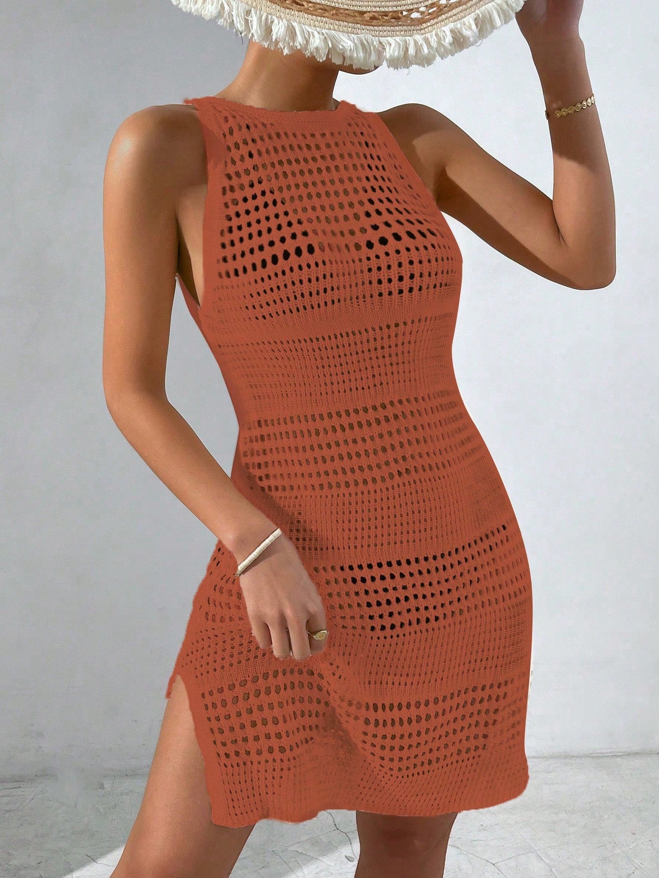 Ladies' Solid Color Simple Daily Sleeveless Cover Up Crochet Dress