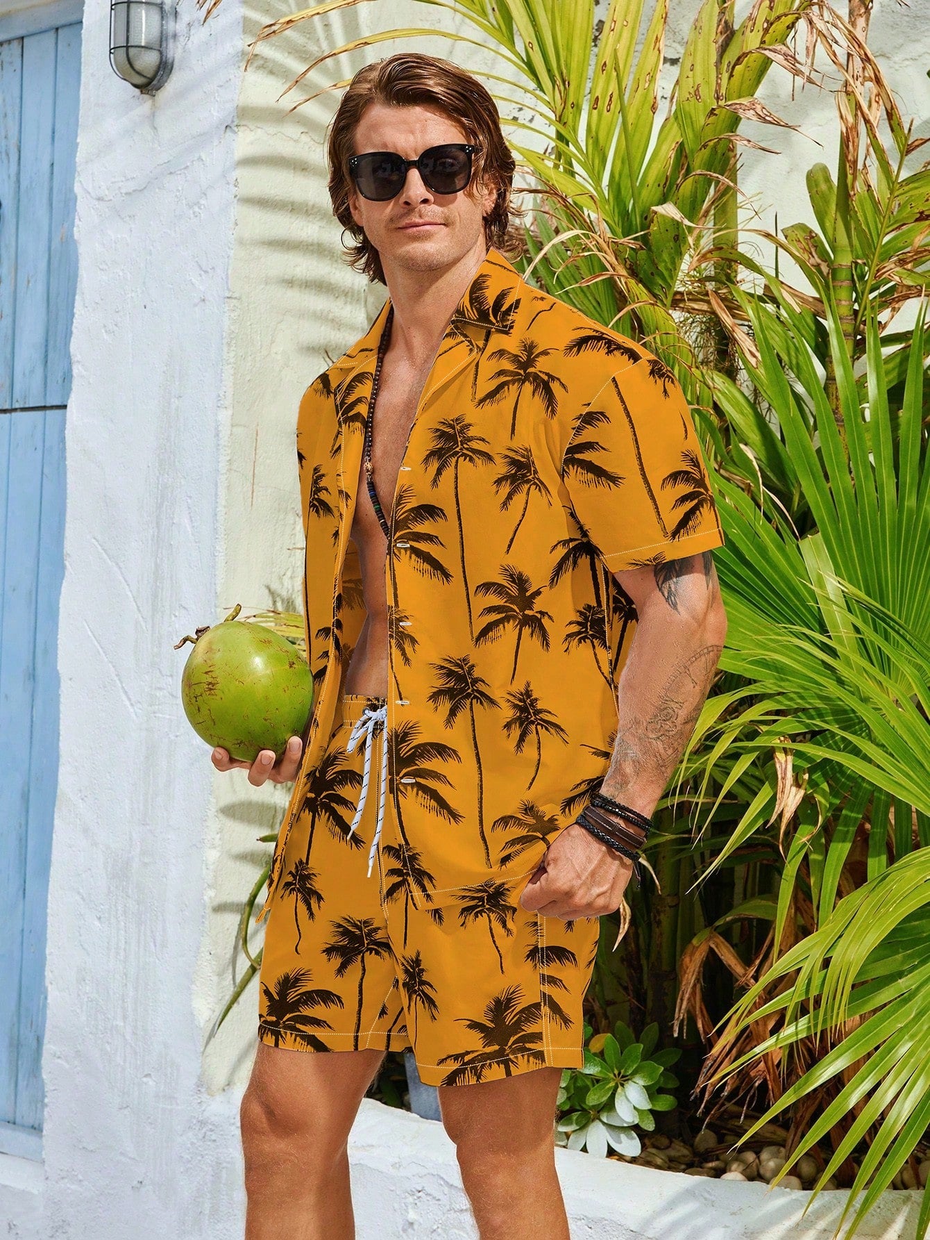 Men's Coconut Tree Printed Short Sleeve Shirt And Long Pants Beach Vacation Casual Set