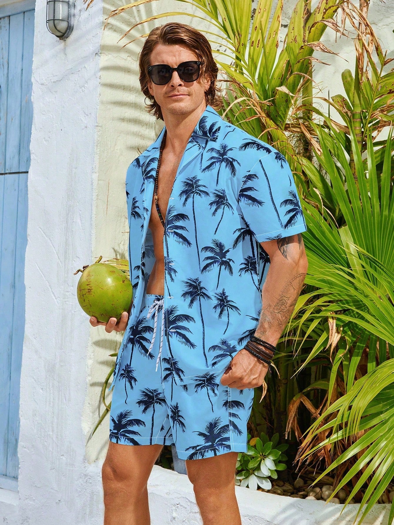 Men's Coconut Tree Printed Short Sleeve Shirt And Long Pants Beach Vacation Casual Set