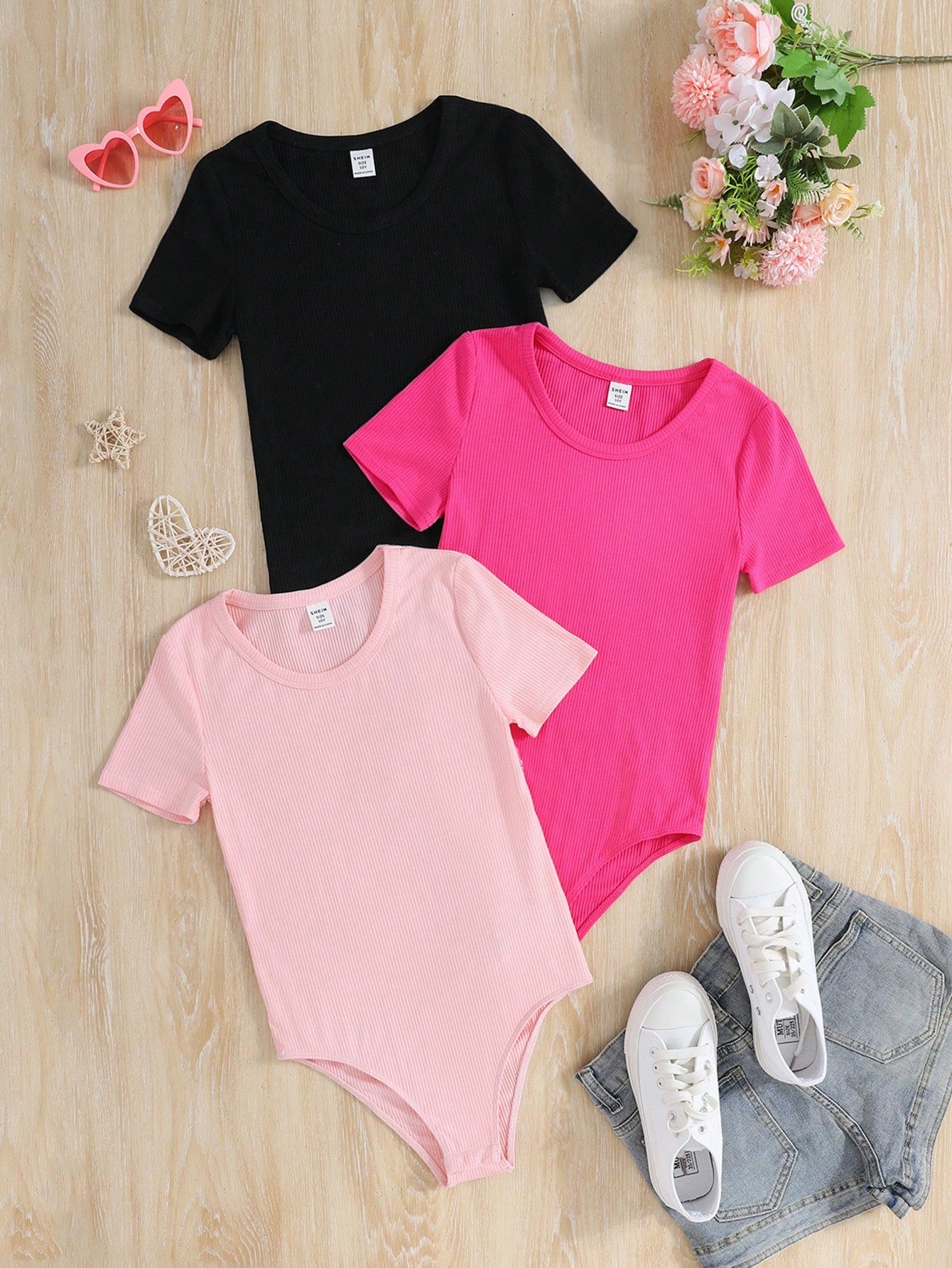 Tween Girl 3pcs Knitted Solid Color Casual Short Sleeve Jumpsuits