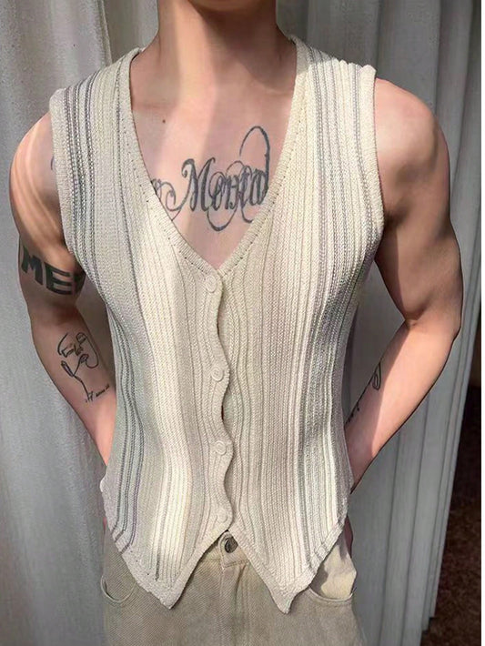 Men's Men Beach Outfits Summer Solid Color V-Neck Single-Breasted Casual Sweater Vest